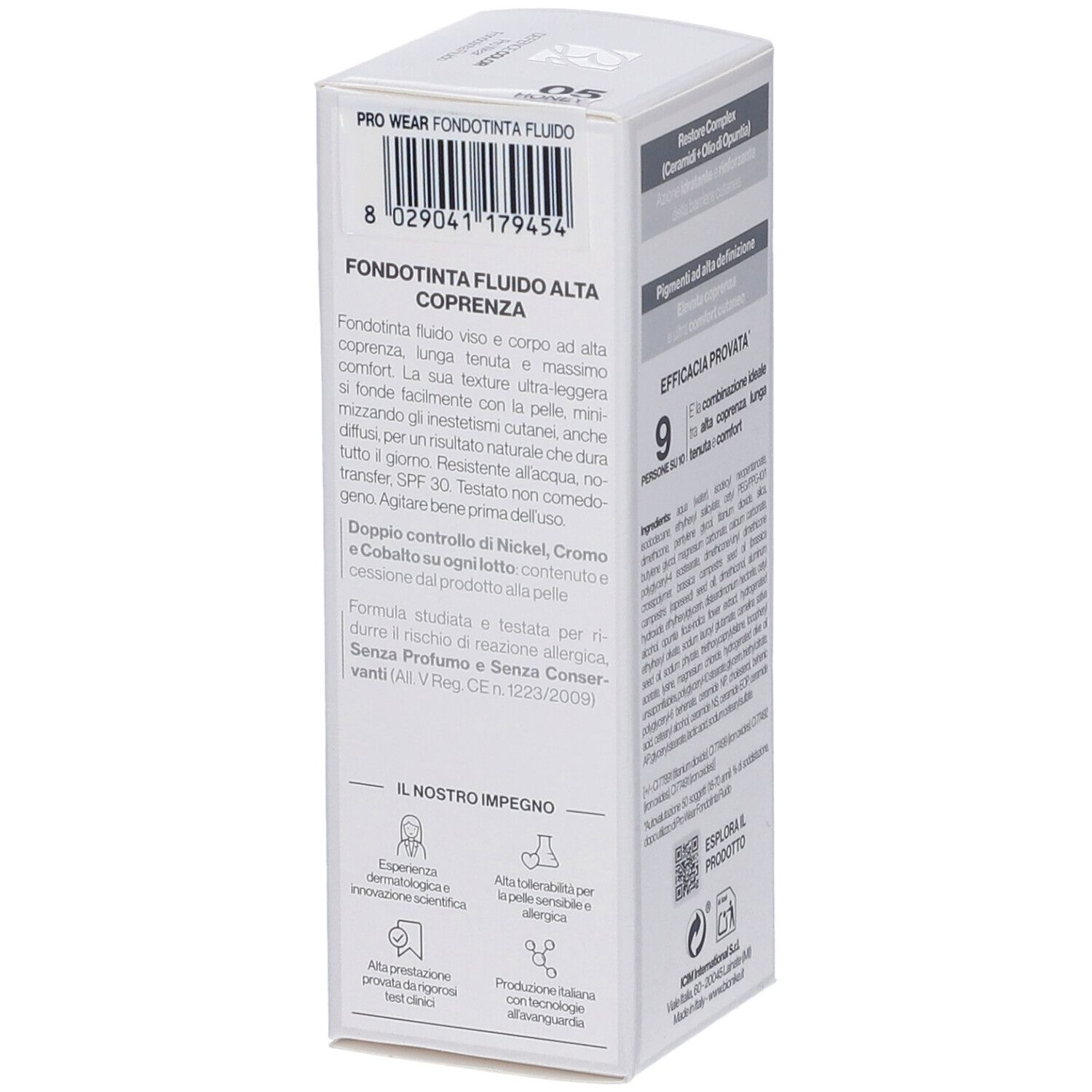 Bionike Defence Color Pro Wear Fondotinta Fluido. Confezione bianca. Testo: Fondotinta Fluido Alta Coprenza, SPF 30.