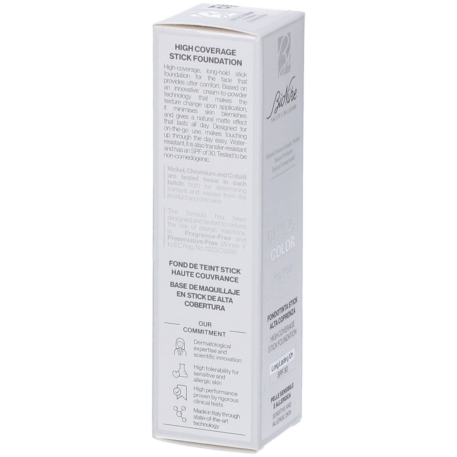 Confezione di fondotinta stick alta coprenza con testo e logo.