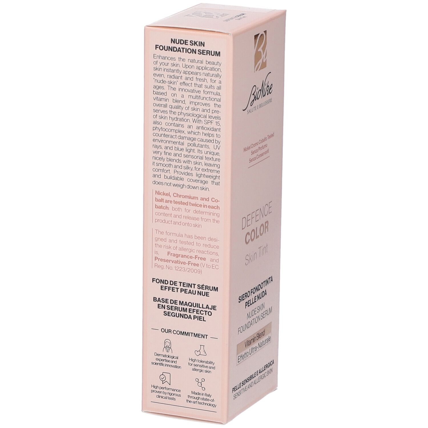 Bionike Defence Color Skin Tint, confezione. Retro con testo. Contiene informazioni sul prodotto e i suoi ingredienti.
