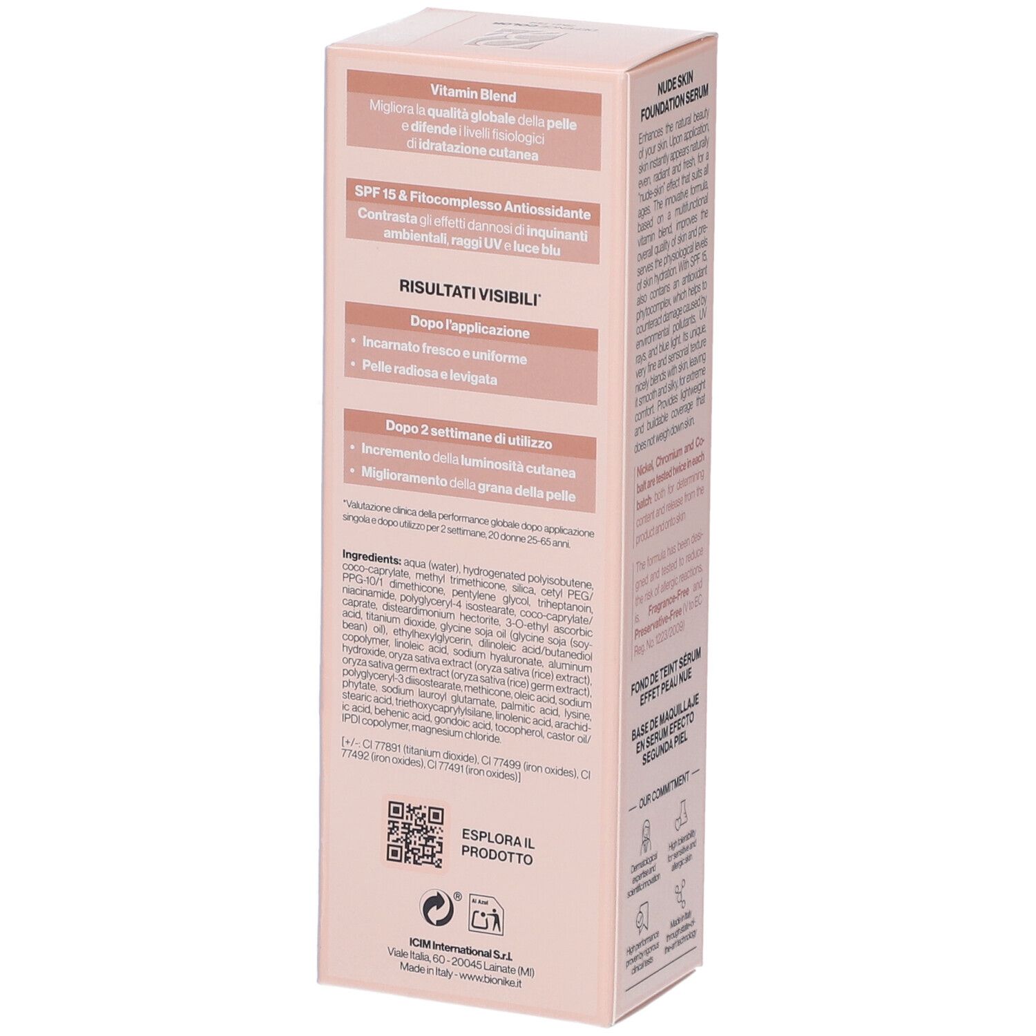 Bionike Defence Color Skin Tint, confezione. Retro con testo. Contiene informazioni sui risultati e gli ingredienti.