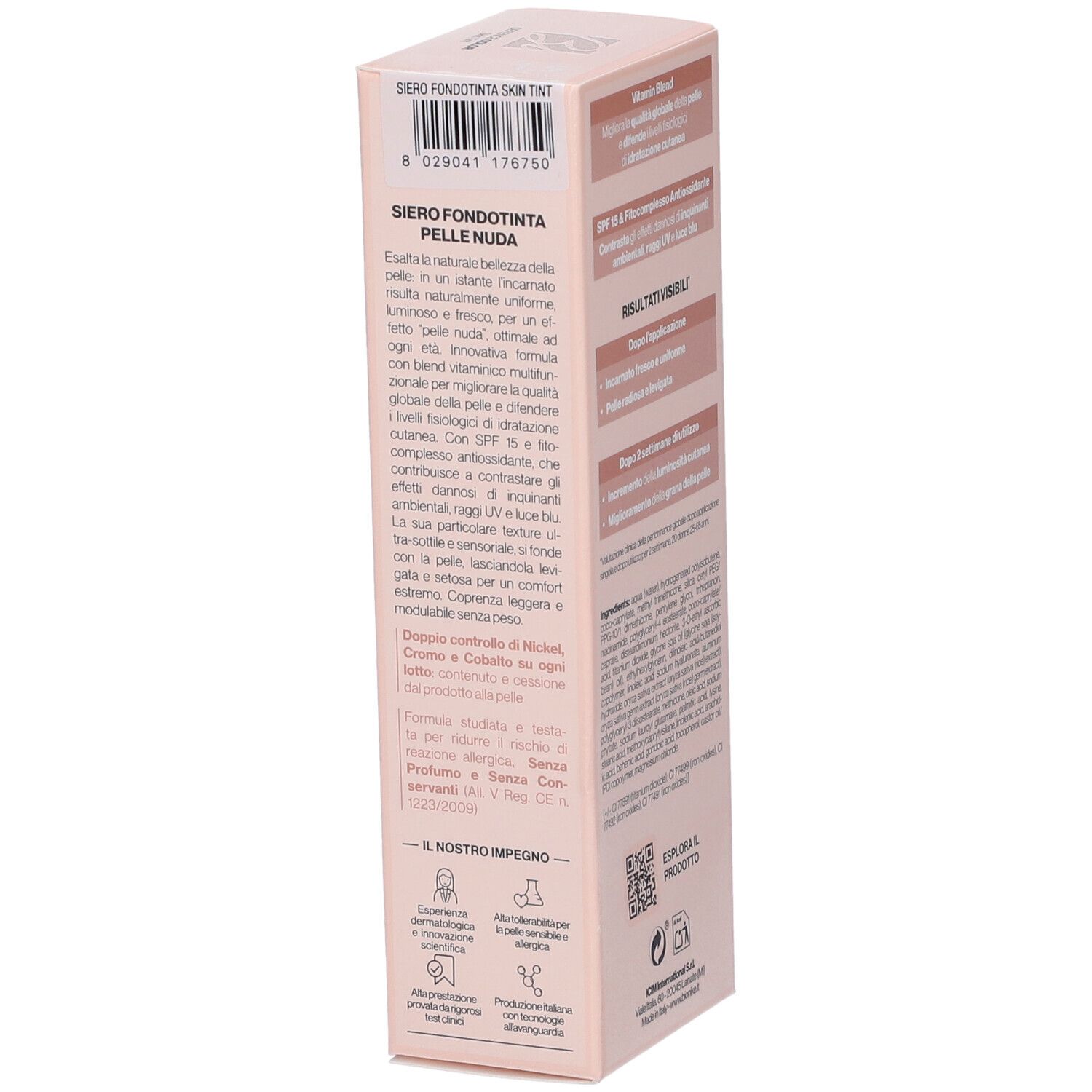 Bionike Defence Color Skin Tint, confezione. Vista laterale con testo. Contiene informazioni sul prodotto e le sue caratteristiche.