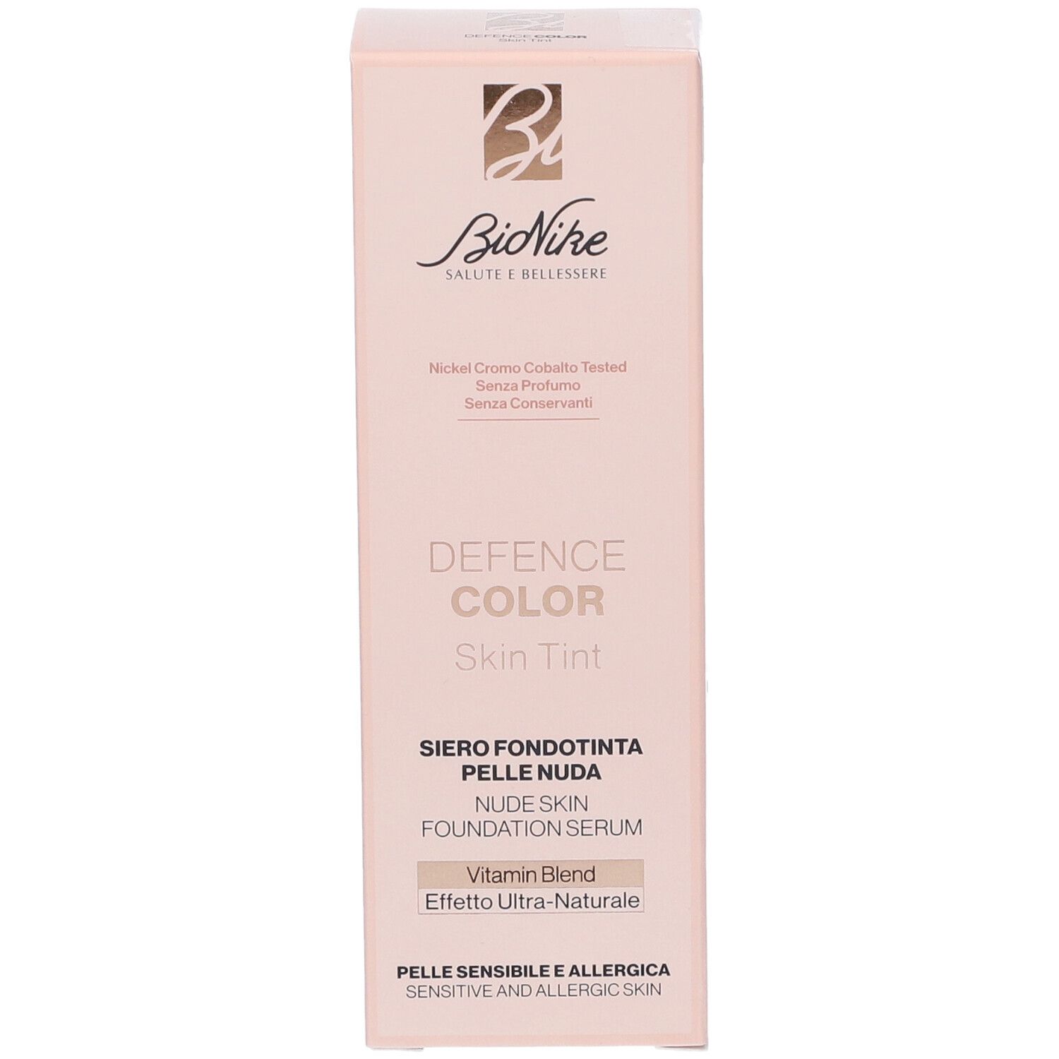 Bionike Defence Color Skin Tint, confezione. Parte anteriore con testo. Contiene il nome del prodotto e il logo del marchio.