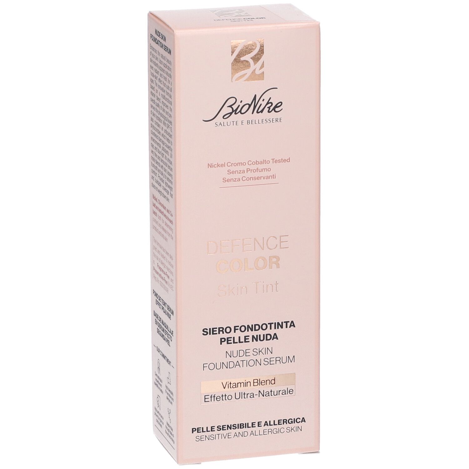 Bionike Defence Color Skin Tint, confezione. Parte anteriore con testo. Contiene il nome del prodotto e il logo del marchio.