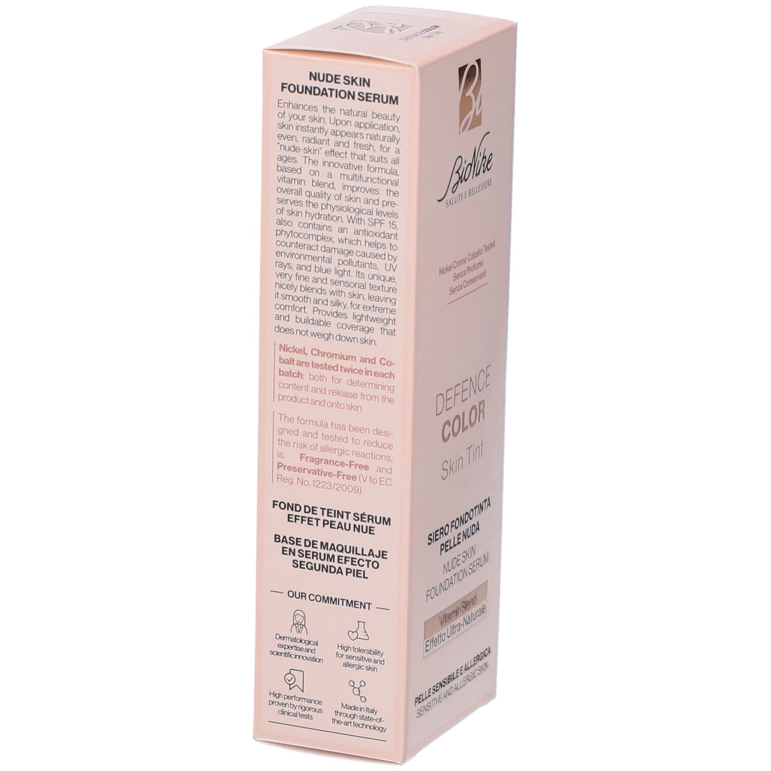Bionike Defence Color Skin Tint Fondotinta Pelle Nuda N2,5 Almond. Confezione. Testo laterale. Informazioni sul prodotto.