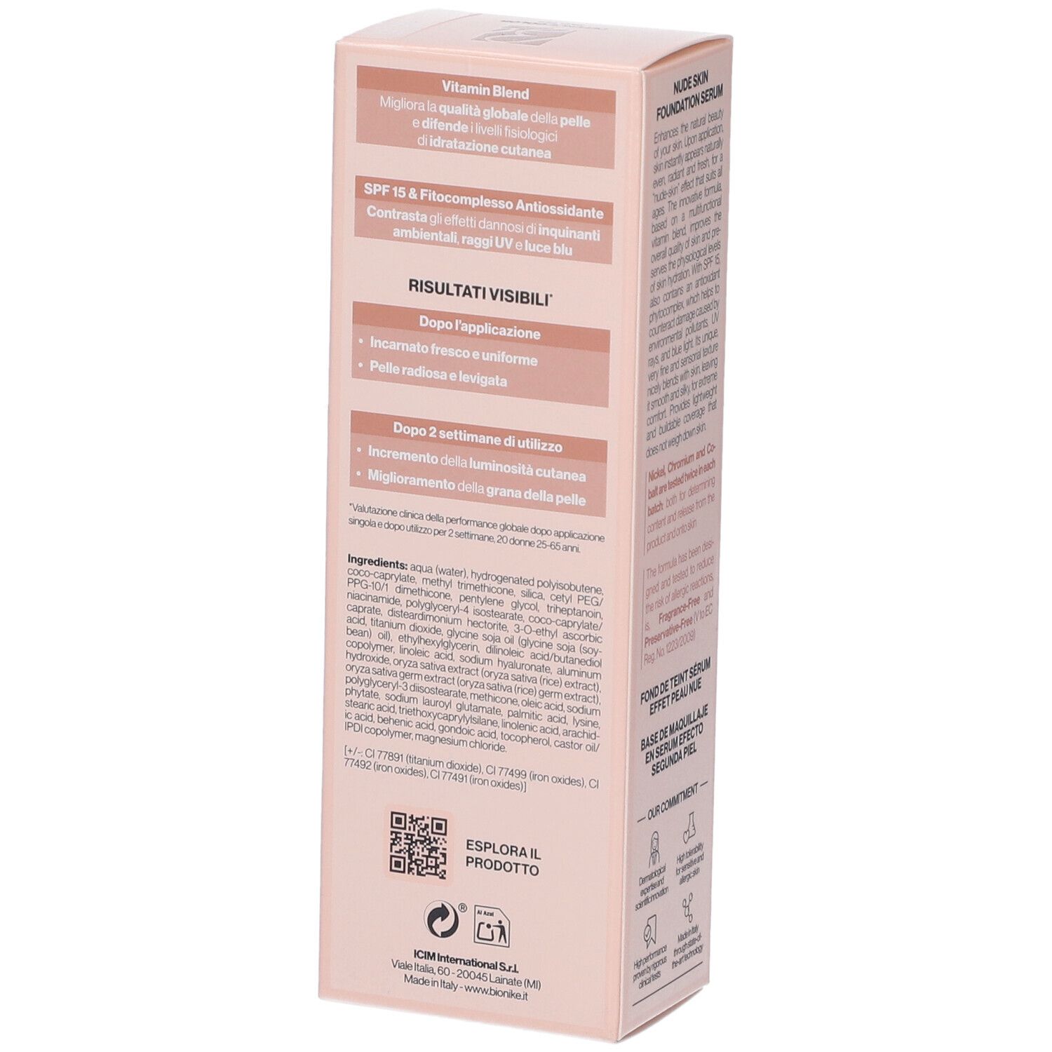 Bionike Defence Color Skin Tint Fondotinta Pelle Nuda N2,5 Almond. Confezione. Testo sul retro. Ingredienti e risultati.