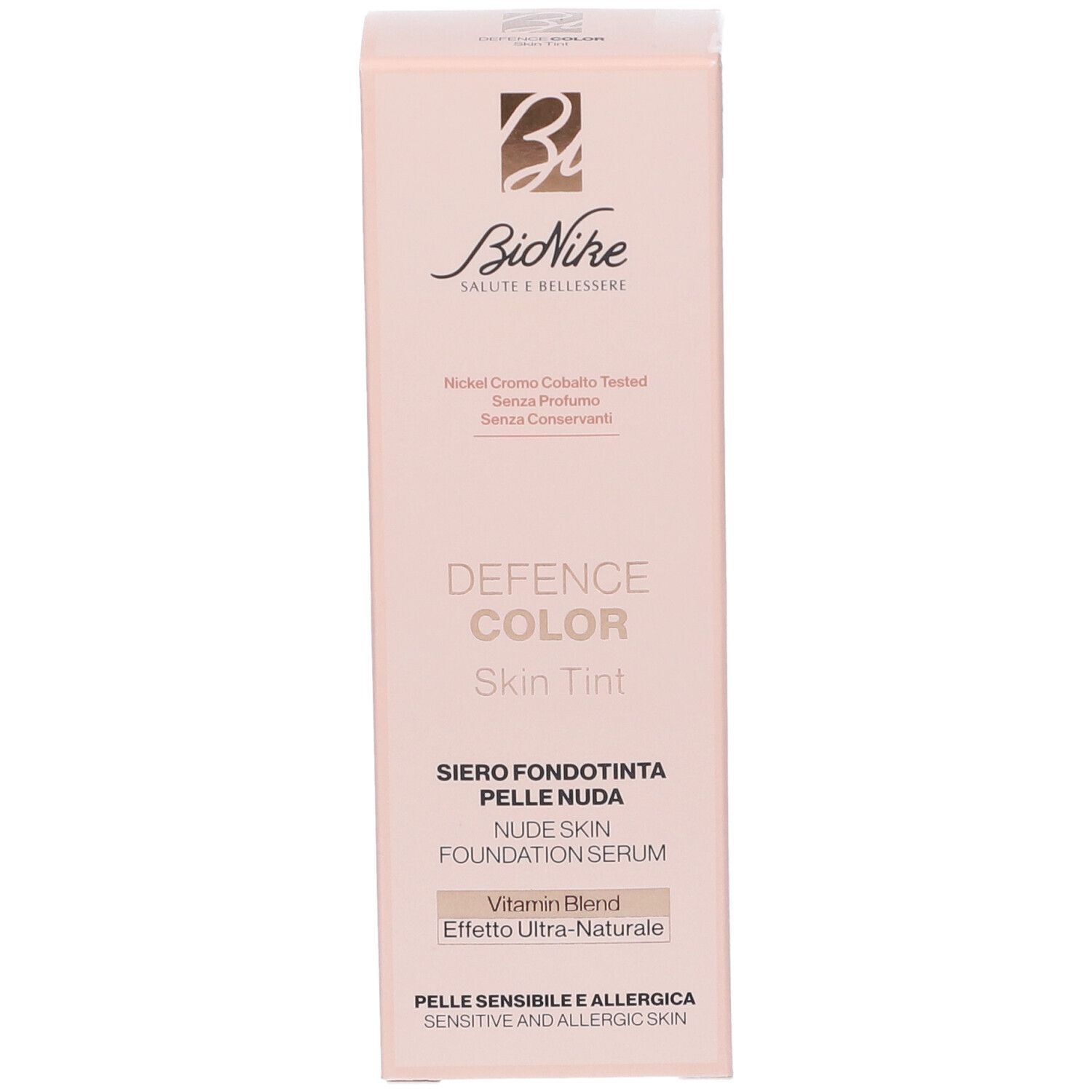 Bionike Defence Color Skin Tint Fondotinta Pelle Nuda N2,5 Almond. Confezione. Testo: Defence Color, Skin Tint, Nude Skin Foundation Serum.