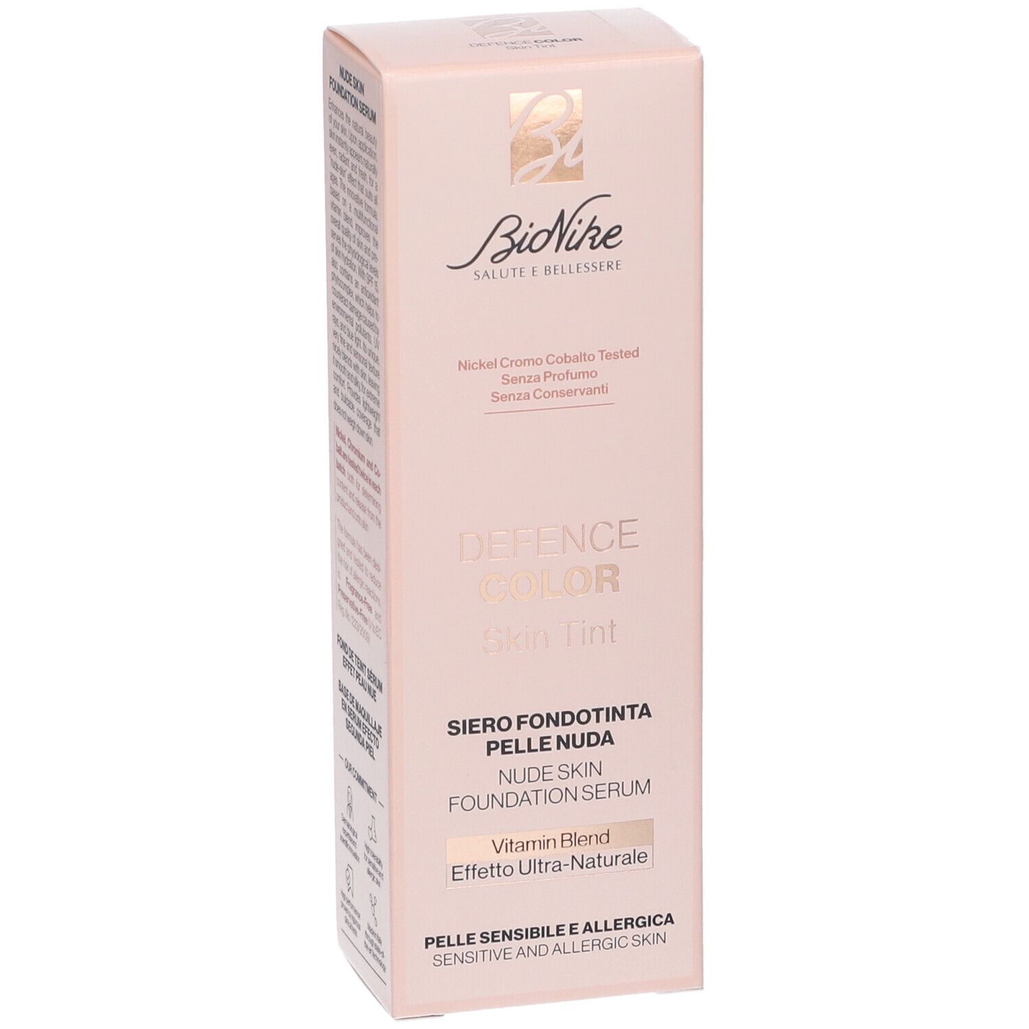 Bionike Defence Color Skin Tint Fondotinta Pelle Nuda N2,5 Almond. Confezione. Testo: Defence Color, Skin Tint, Nude Skin Foundation Serum.