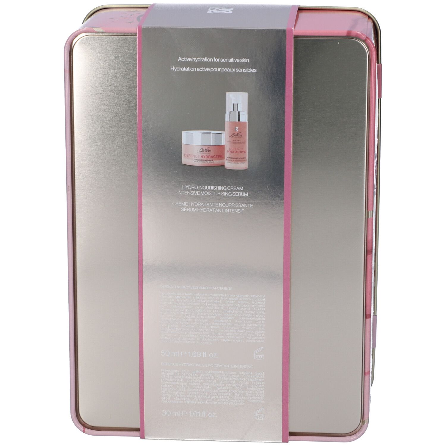 Retro della confezione regalo con prodotti Bionike. Crema e flacone siero. Testo in inglese e francese.