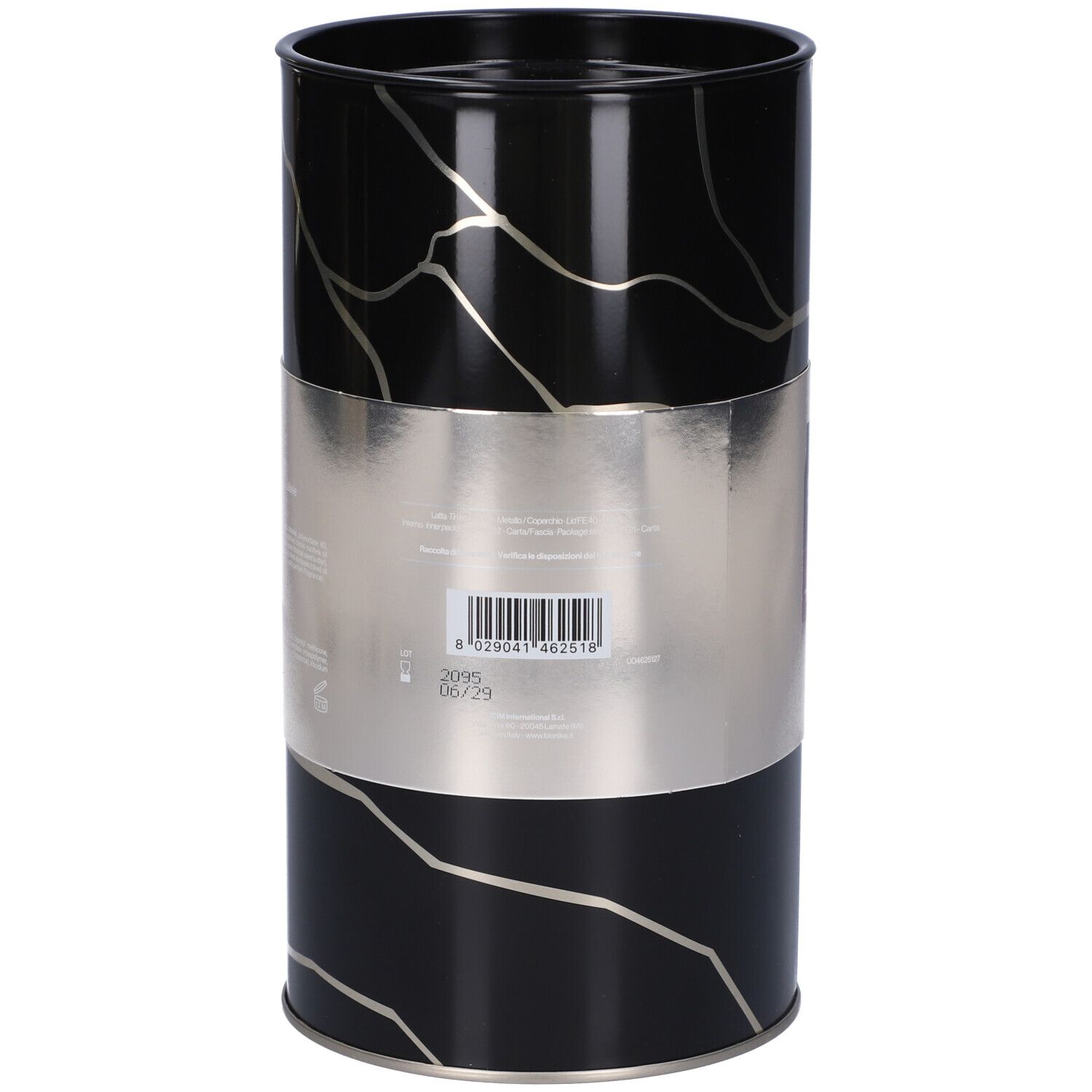 Retro della confezione regalo. Imballaggio cilindrico nero con fascia argento e codice a barre.