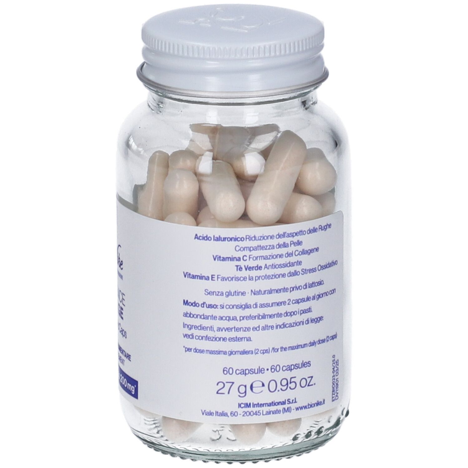 Flacone in vetro con capsule. Etichetta con informazioni sugli ingredienti e il dosaggio.