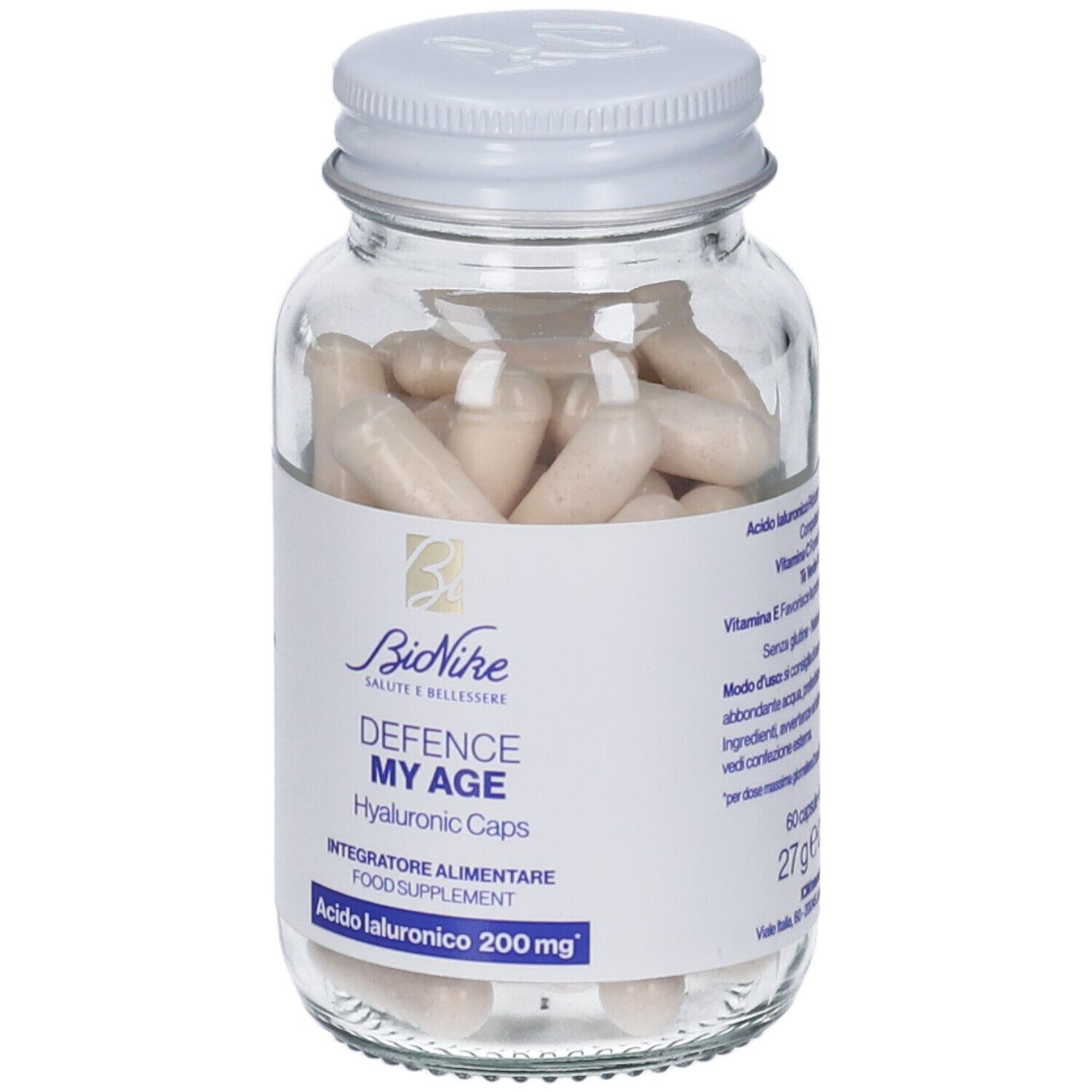 Flacone in vetro con capsule. Etichetta con nome del prodotto, marchio e ingredienti.