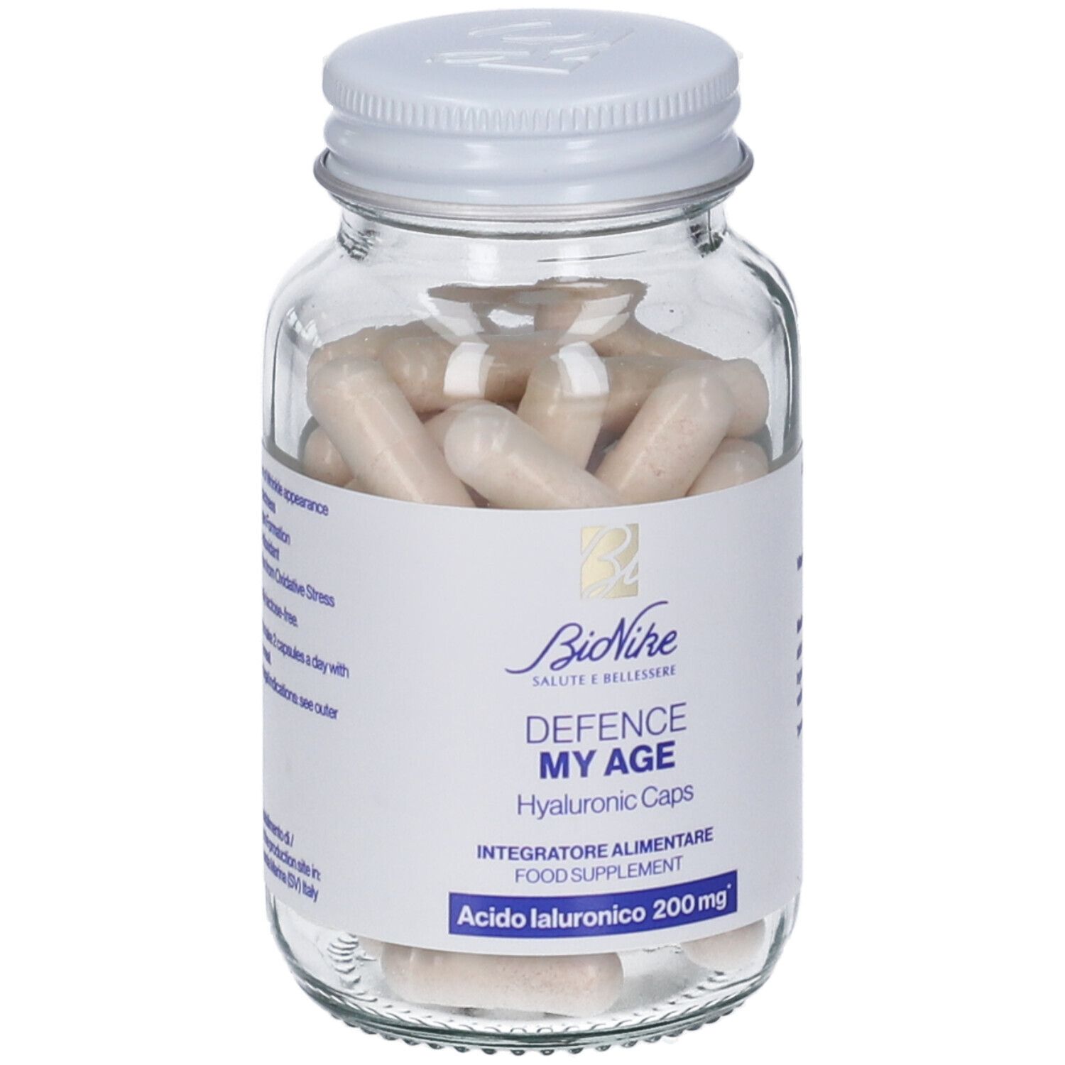 Flacone in vetro con capsule. Etichetta con nome del prodotto, marchio e ingredienti.