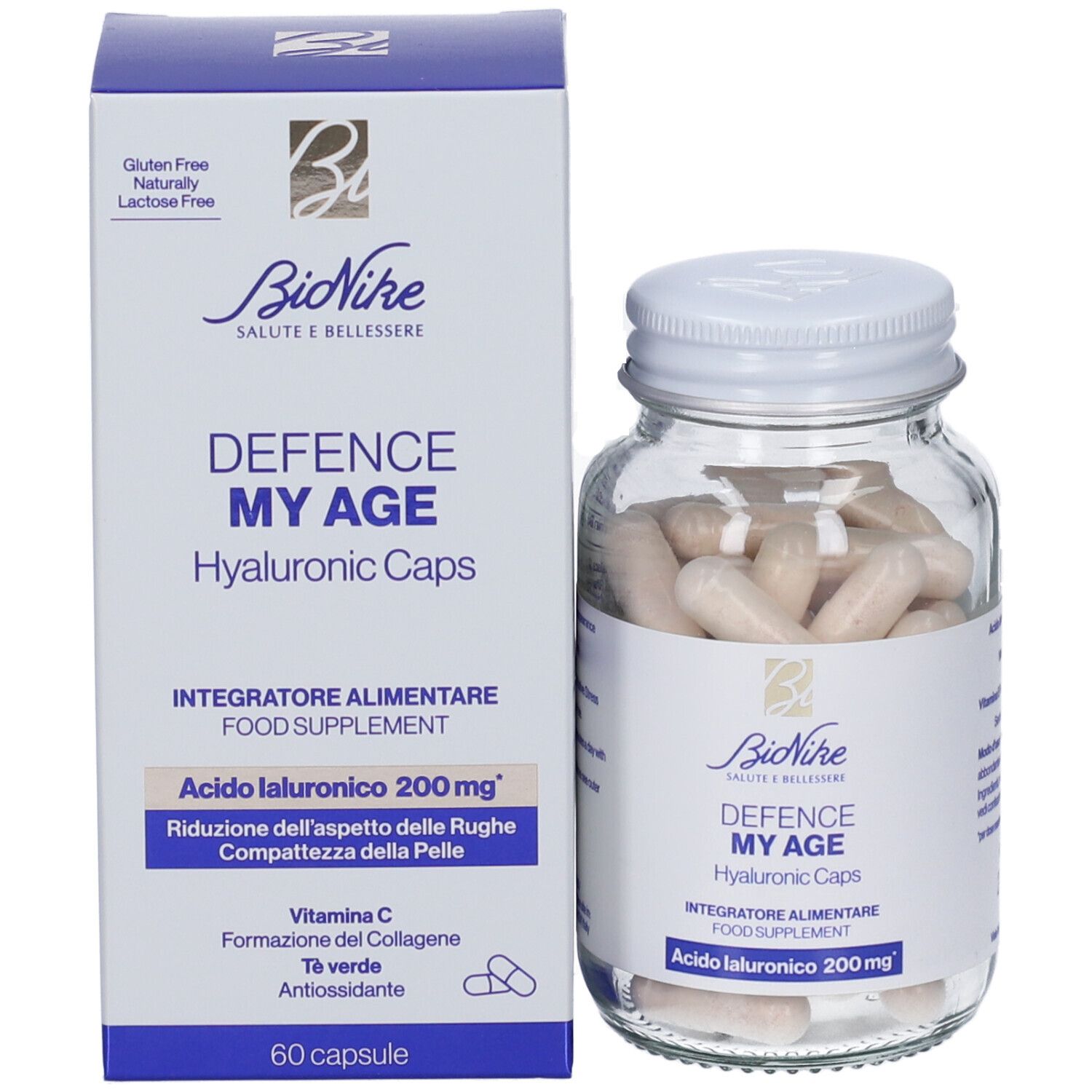 Confezione del prodotto e flacone in vetro con capsule. Nome del prodotto e ingredienti sulla confezione.