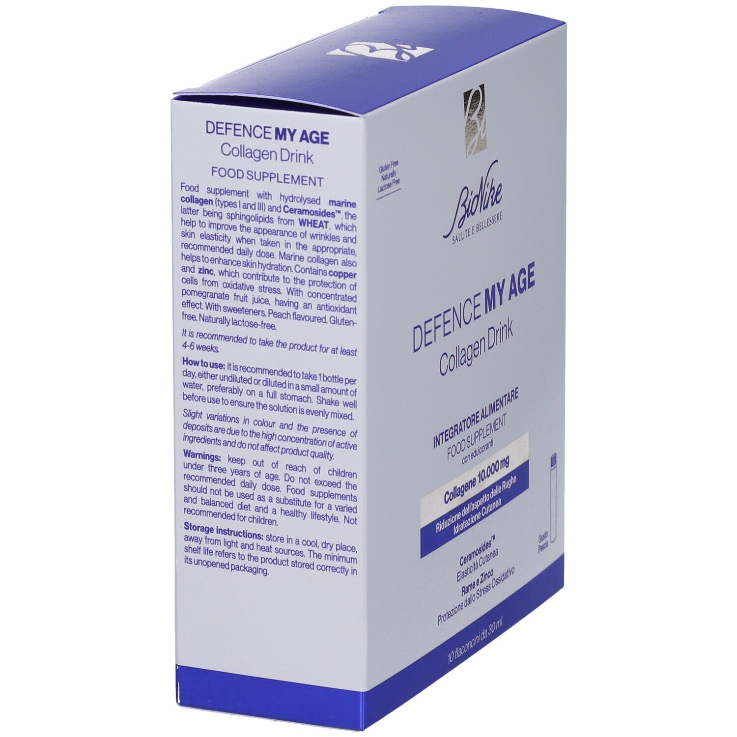 Bionike Defence My Age Collagen Drink scatola da 10 flaconcini, retro con informazioni.