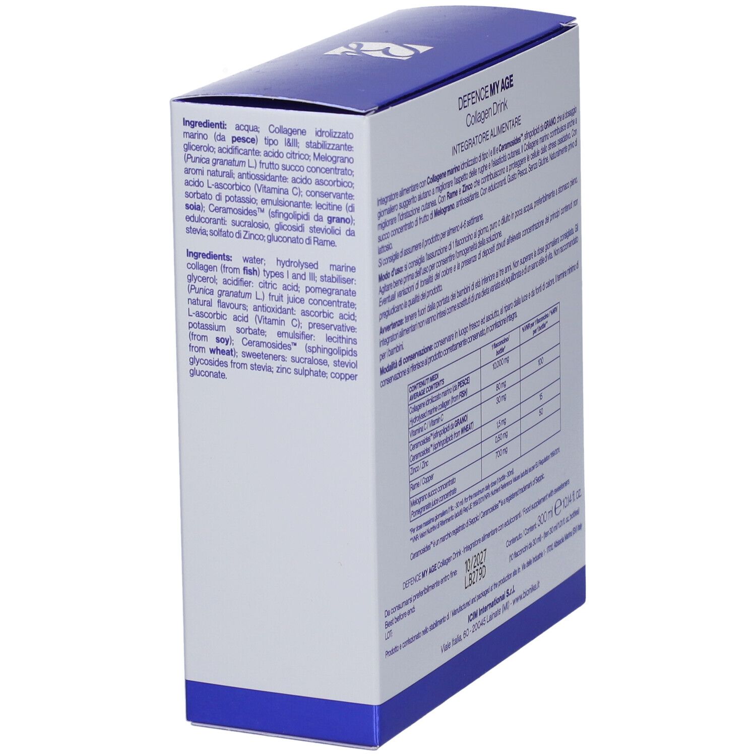 Bionike Defence My Age Collagen Drink scatola, lato con ingredienti in italiano e inglese.