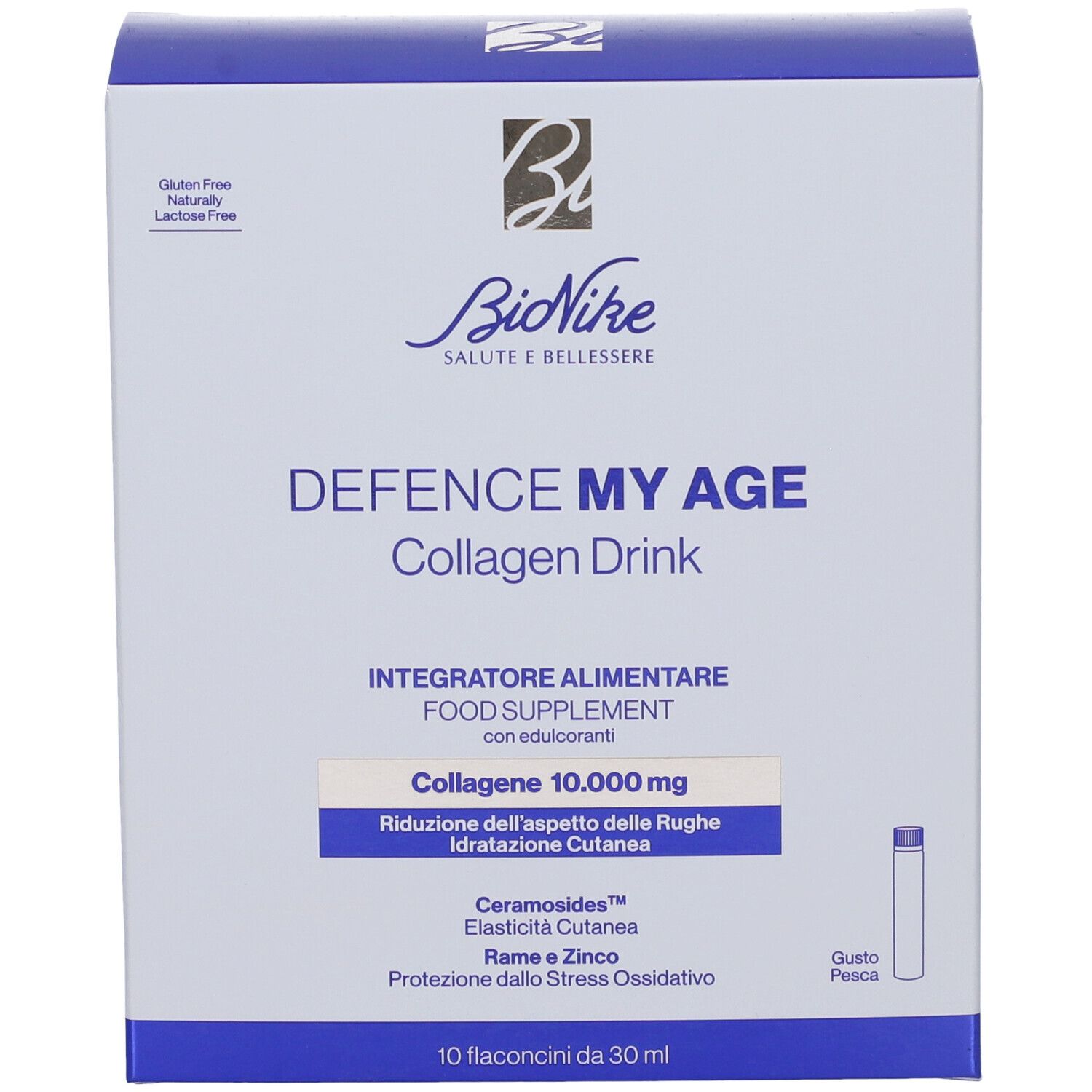 Bionike Defence My Age Collagen Drink scatola da 10 flaconcini, fronte con nome del prodotto.