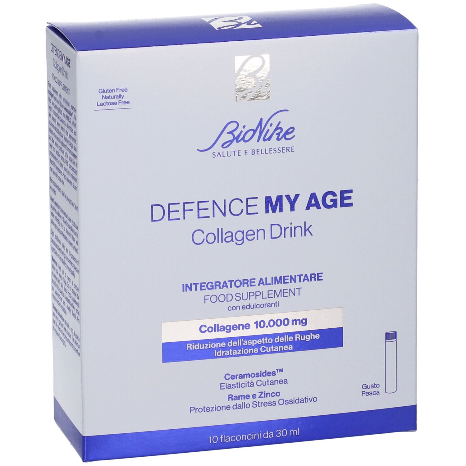 Bionike Defence My Age Collagen Drink scatola da 10 flaconcini, fronte con nome del prodotto.