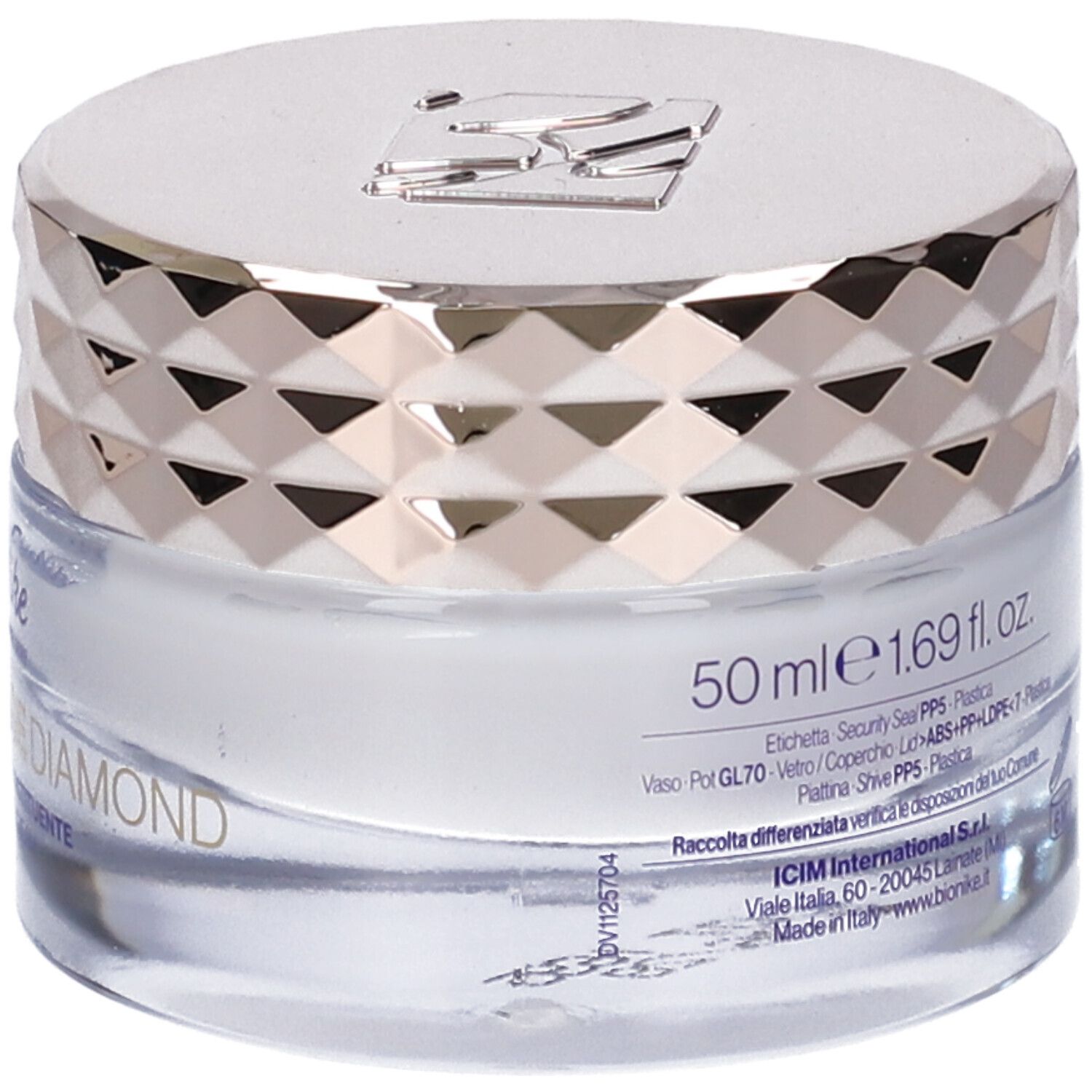 Vasetto di crema con coperchio argentato. Scritta: "50 ml e 1.69 fl. oz.".