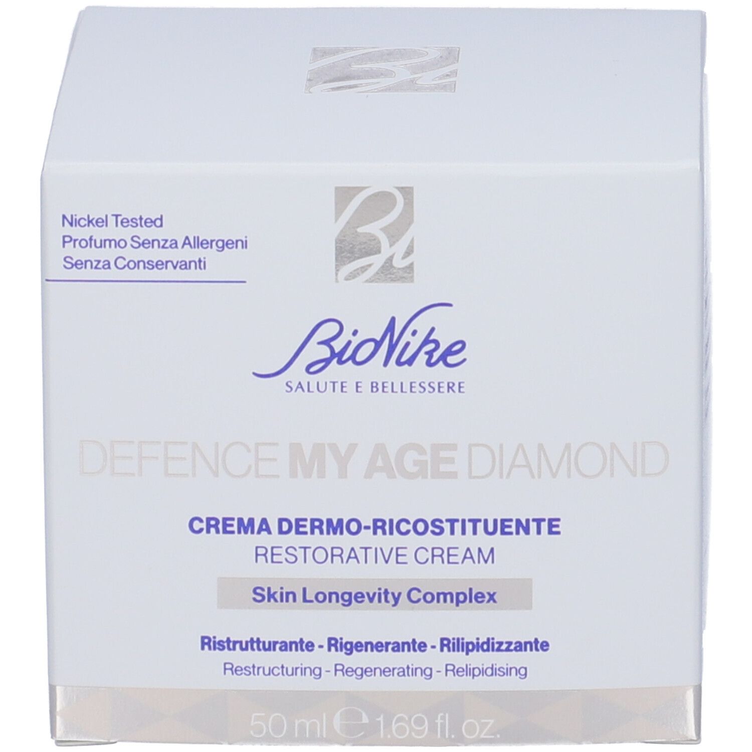 Scatola con scritte "DEFENCE MY AGE DIAMOND" e "CREMA DERMO-RICOSTITUENTE".