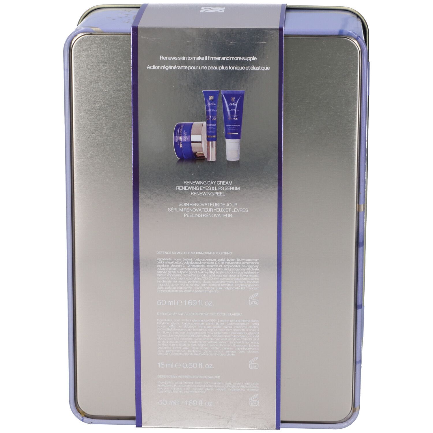 Retro della confezione regalo con prodotti. Include crema, siero e peeling. Testo multilingue.