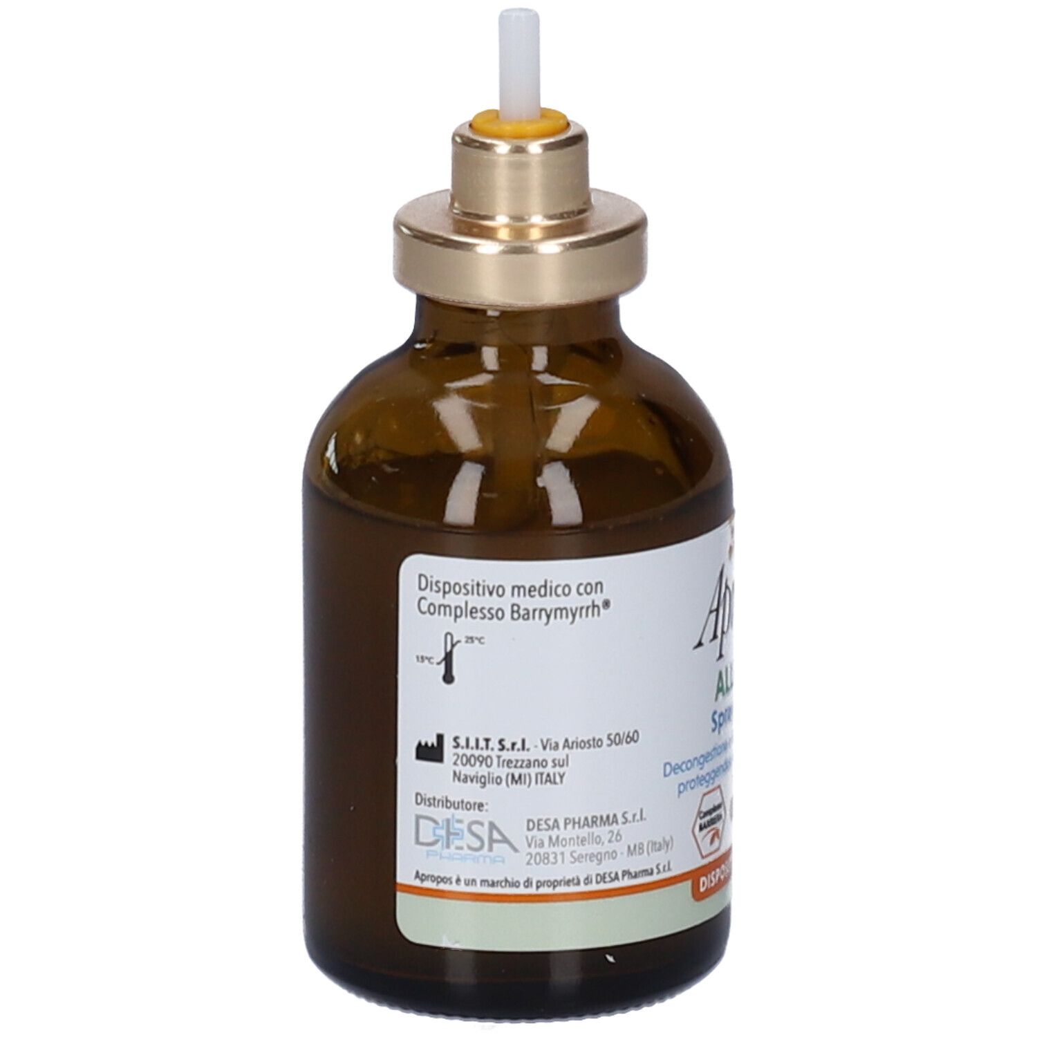 Flacone di vetro marrone con applicatore spray nasale. Etichetta con informazioni del produttore. Dispositivo medico.