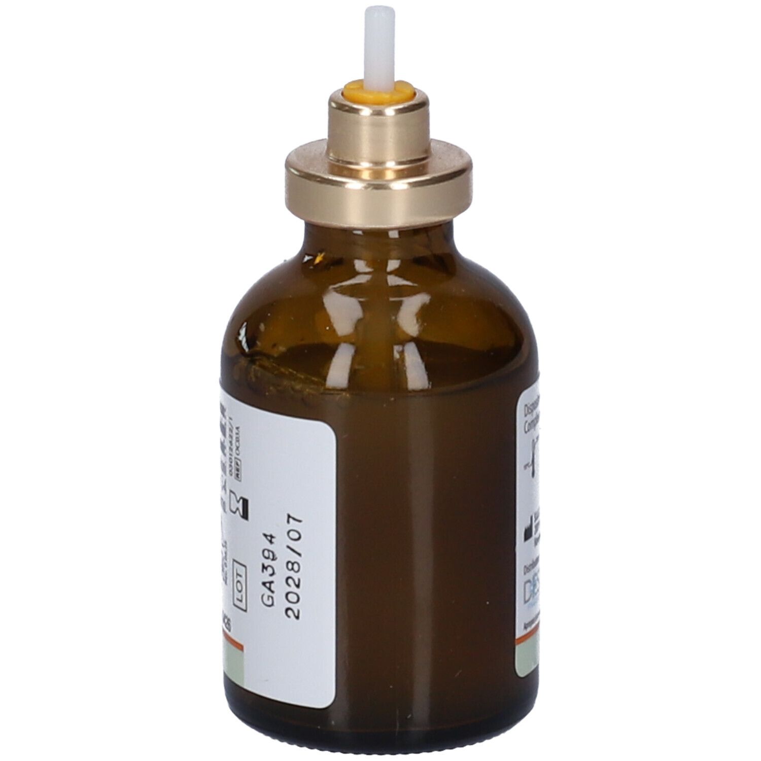 Flacone di vetro marrone con applicatore spray nasale. Etichetta con numero di lotto e data di scadenza. Dispositivo medico.