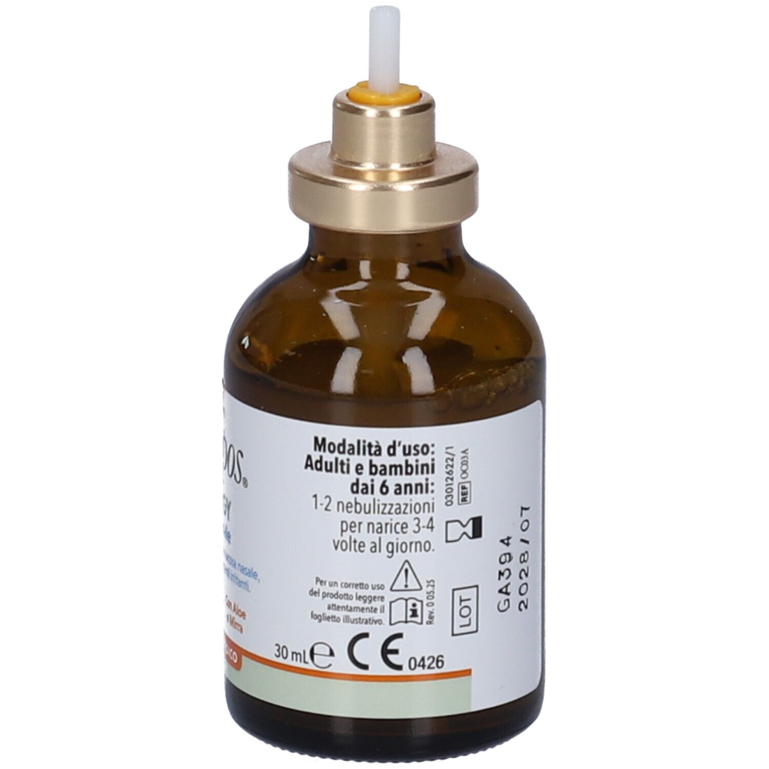 Flacone di vetro marrone con applicatore spray nasale. Etichetta con istruzioni per il dosaggio. Dispositivo medico.
