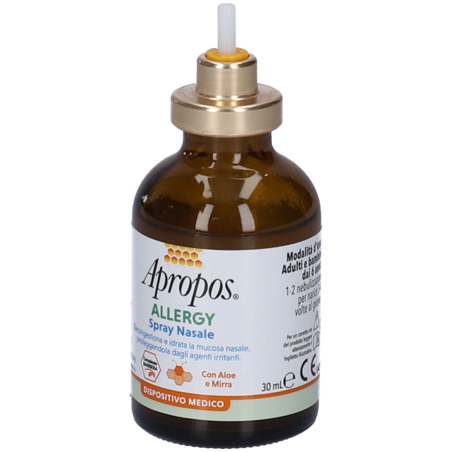 Flacone di vetro marrone con applicatore spray nasale. Etichetta con nome del prodotto e ingredienti. Dispositivo medico.