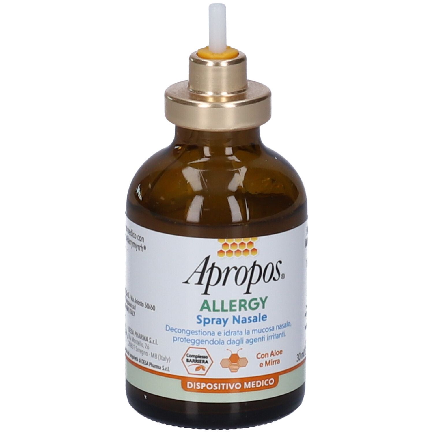 Flacone di vetro marrone con applicatore spray nasale. Etichetta con nome del prodotto e ingredienti. Dispositivo medico.