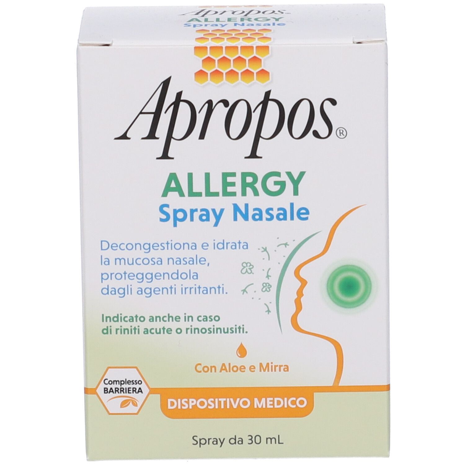 Confezione bianca con nome del prodotto e illustrazione. Dispositivo medico. Spray da 30 ml.