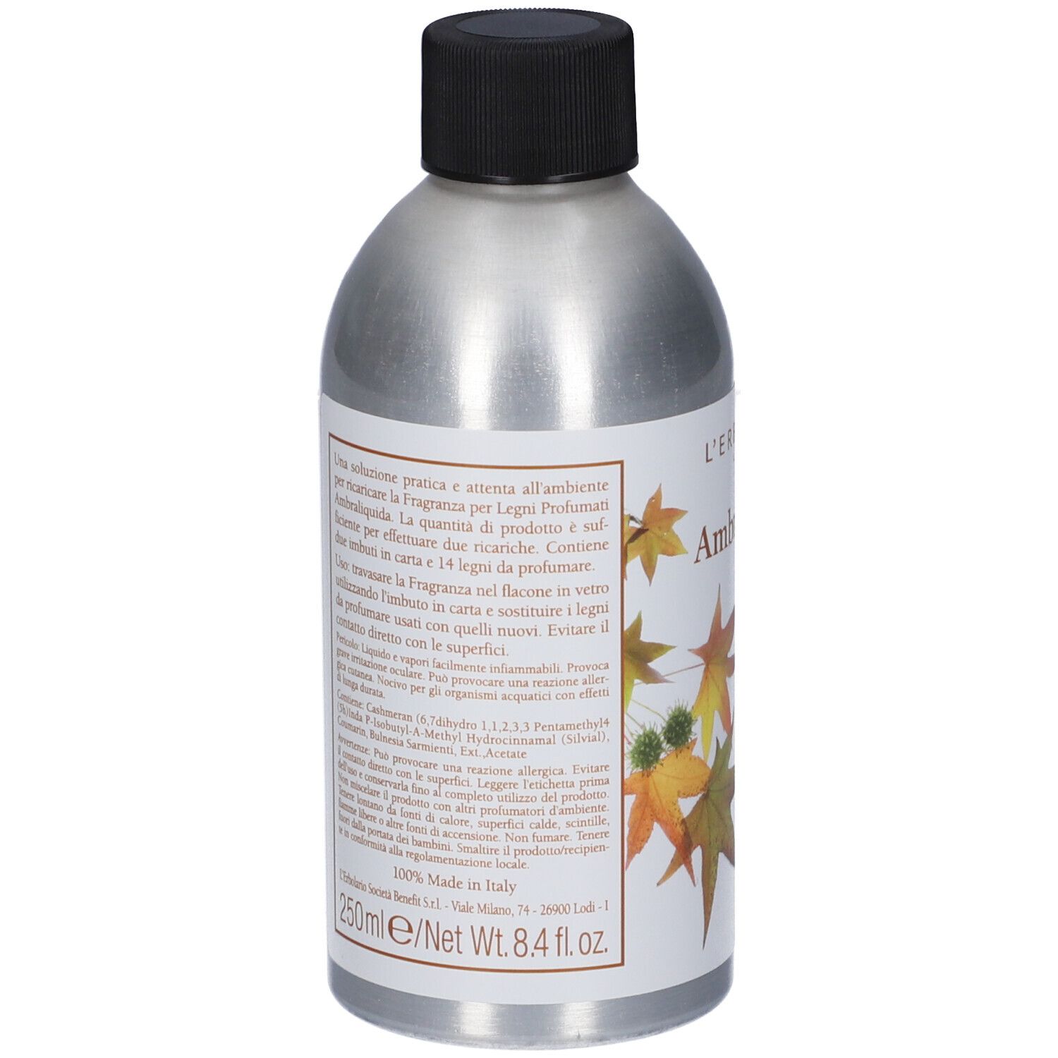 Retro del flacone. Testo sull'etichetta. Informazioni sul prodotto e avvertenze.