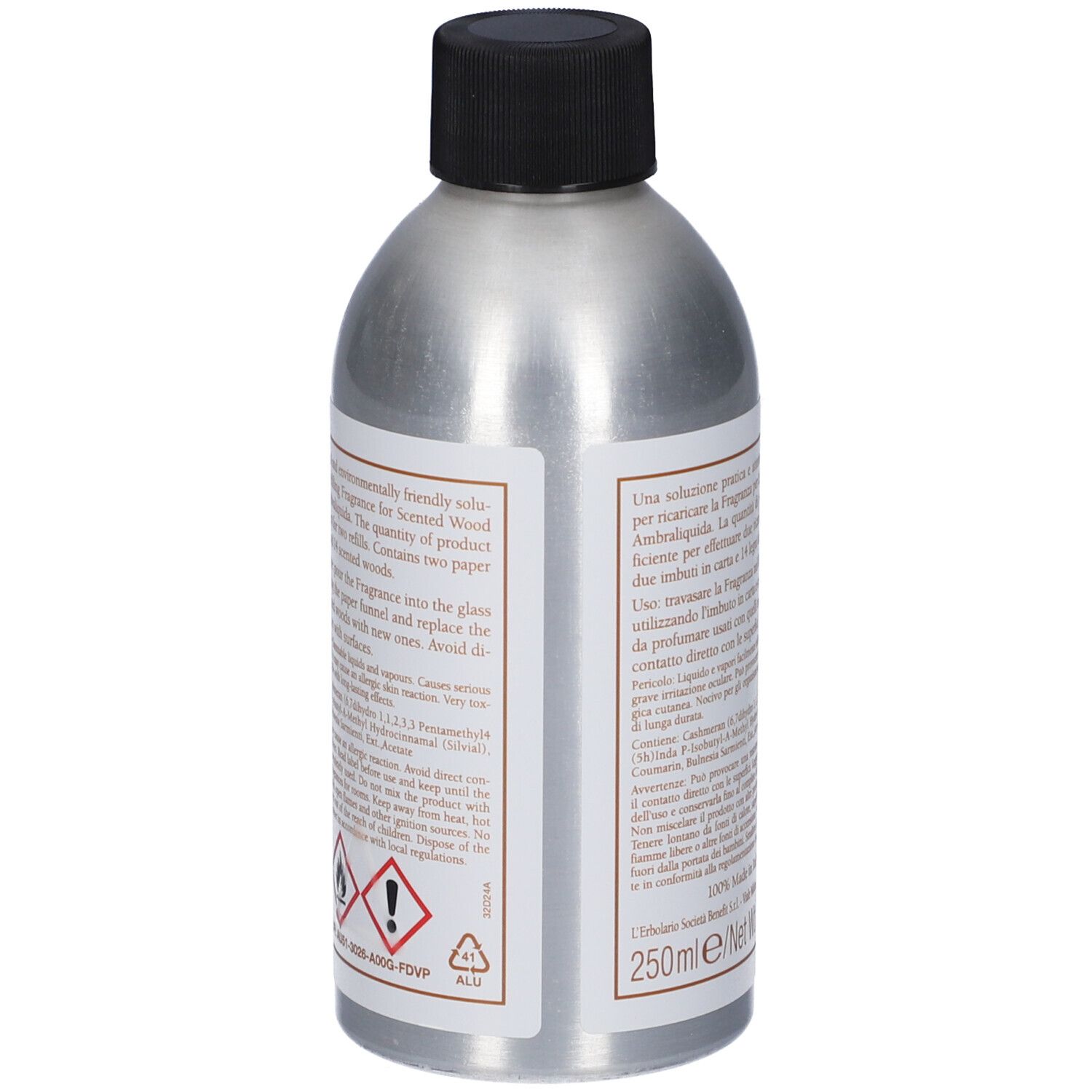 Retro del flacone. Testo sull'etichetta. Informazioni sul prodotto e avvertenze.