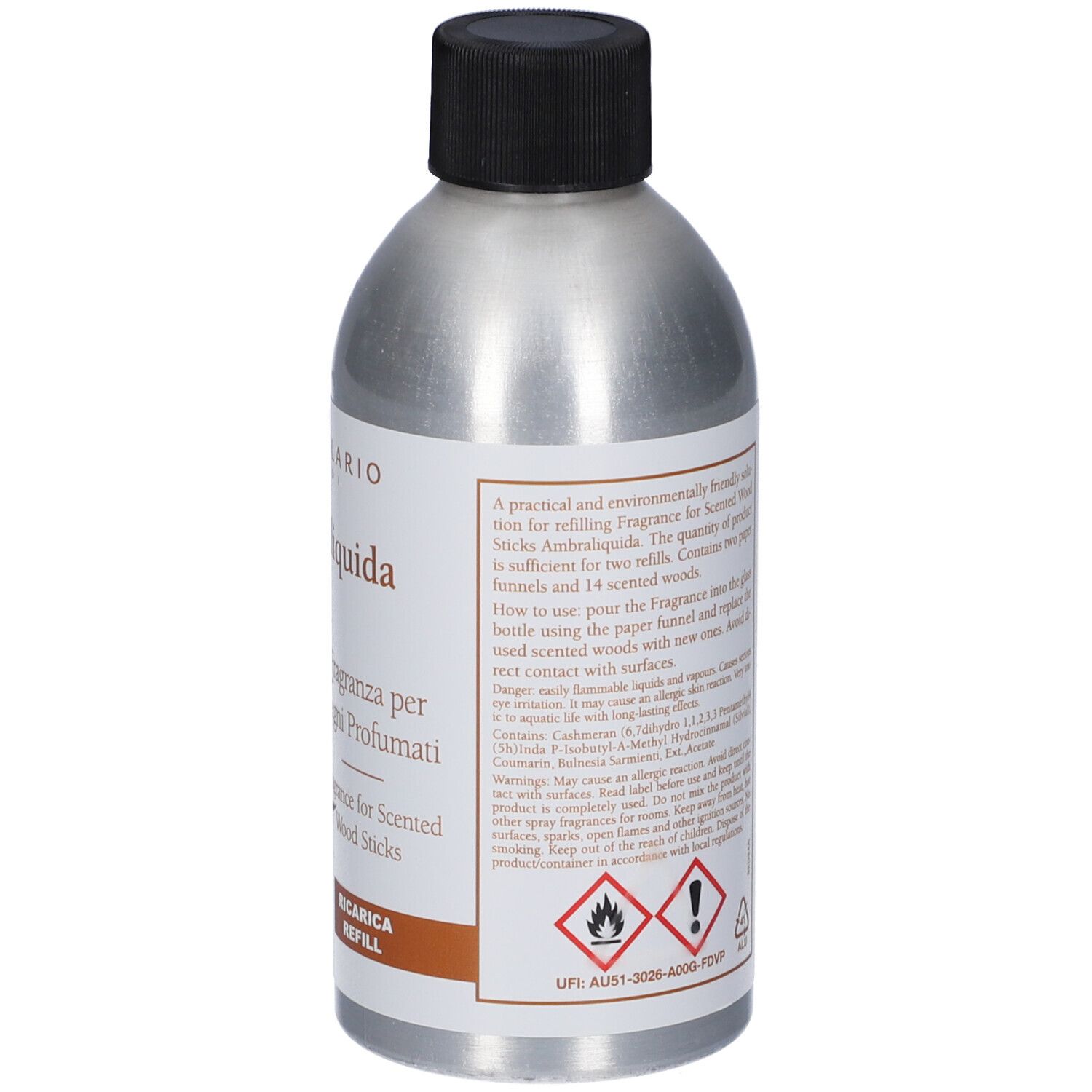 Retro del flacone. Testo sull'etichetta. Informazioni sul prodotto e avvertenze.