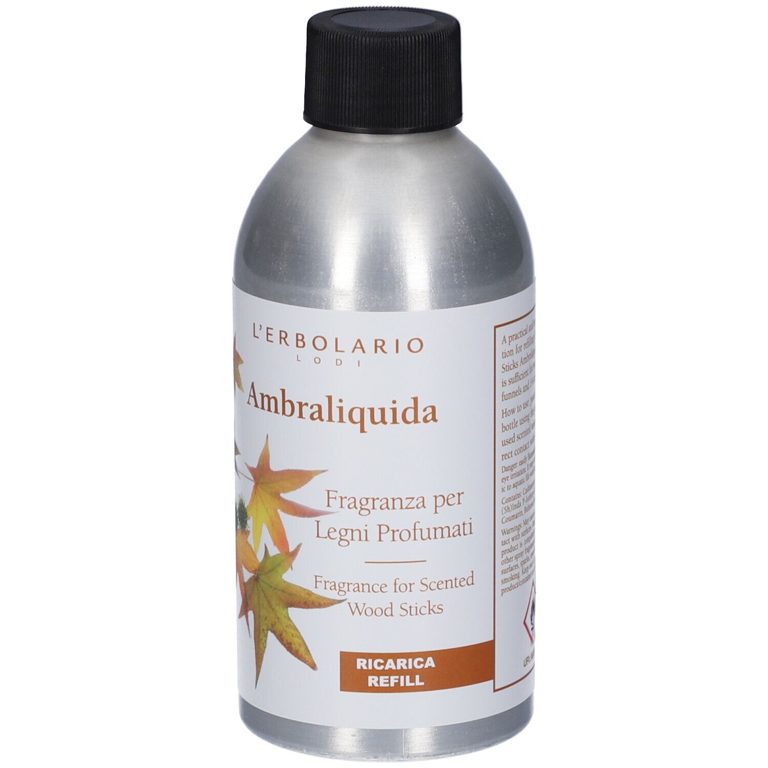 Flacone argento, tappo nero. Etichetta Ambraliquida, foglie e testo "Ricarica Refill".