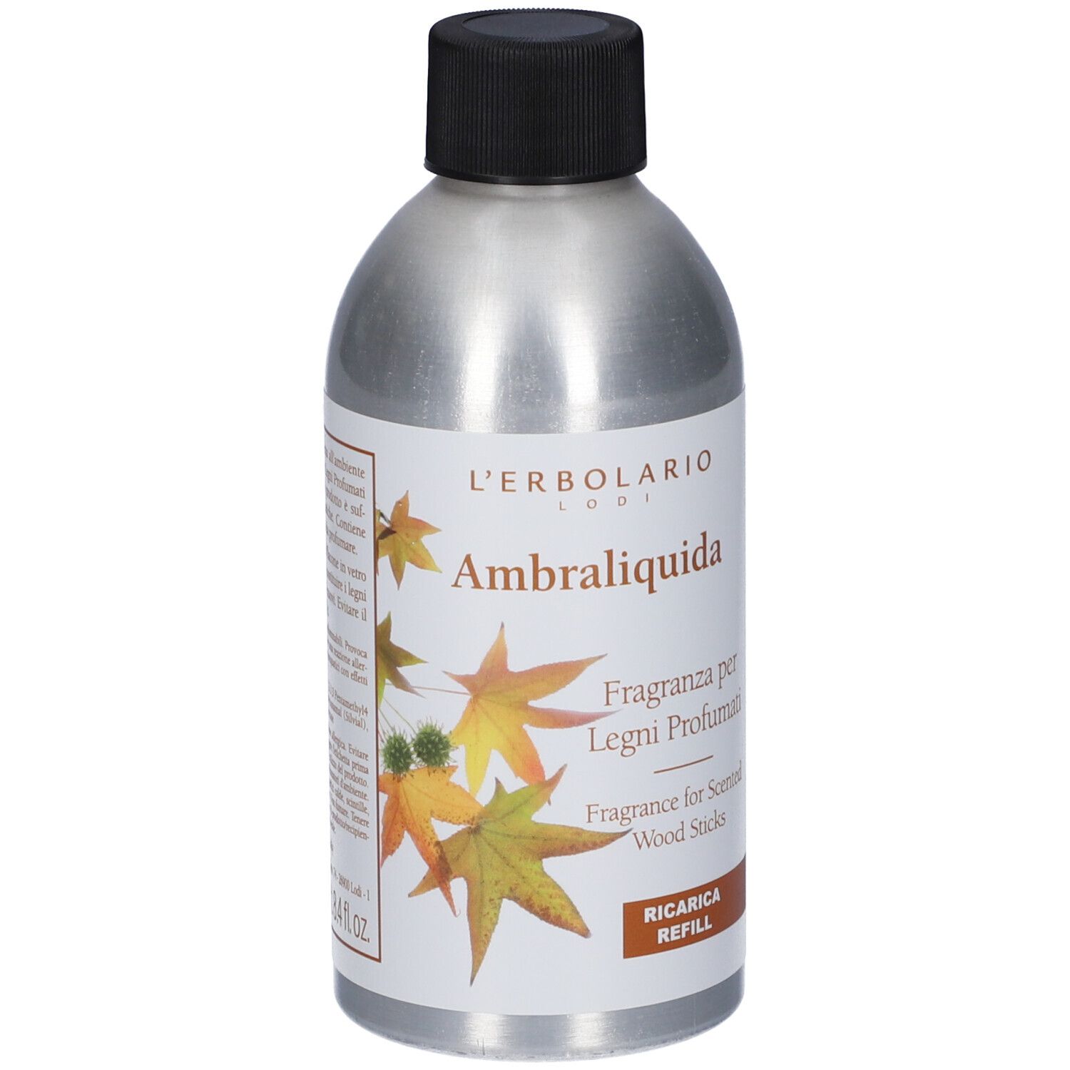 Flacone argento, tappo nero. Etichetta Ambraliquida, foglie e testo "Ricarica Refill".