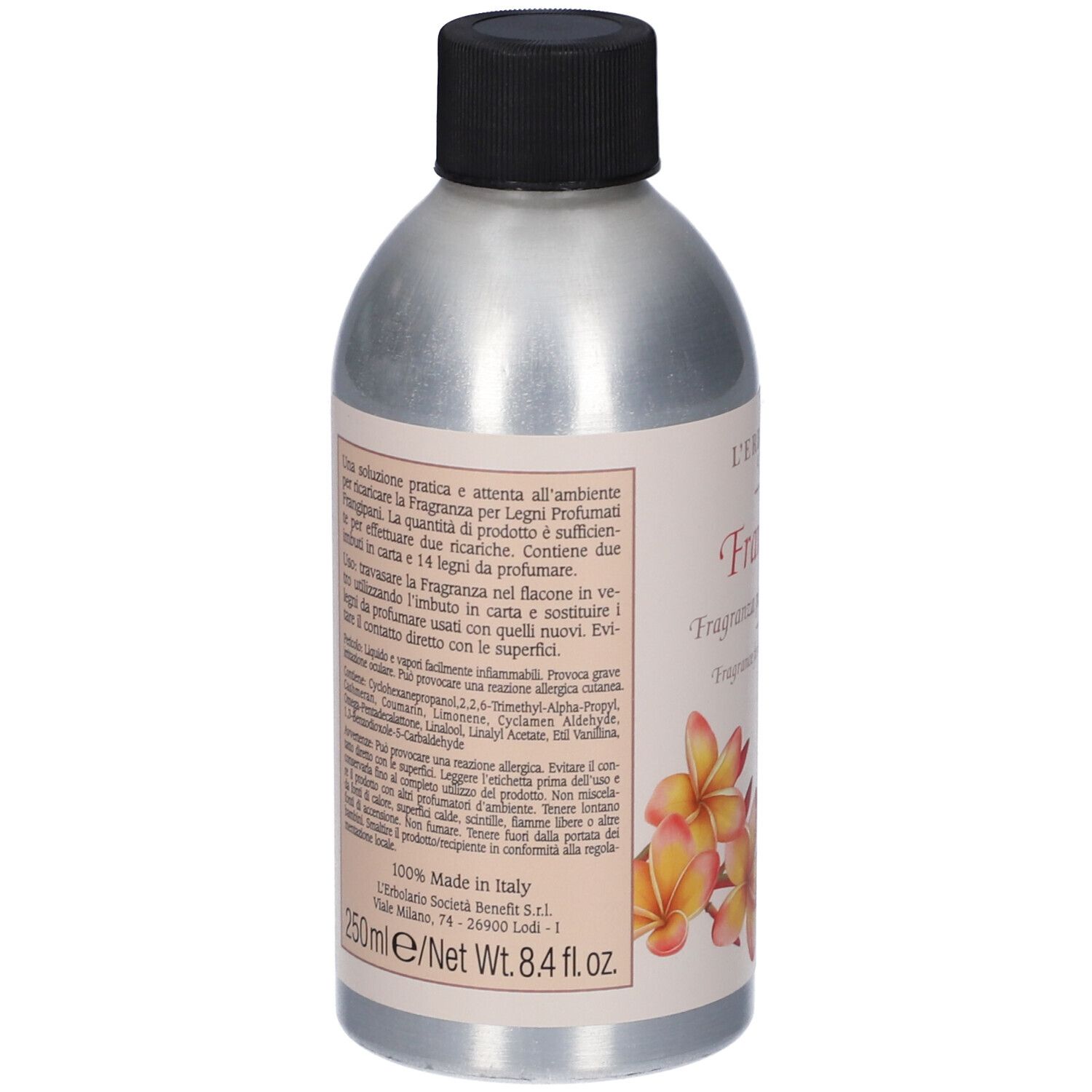 Retro flacone. Testo italiano. Marchio L'Erbolario. 250ml/Netto 8.4 fl.oz. Made in Italy.