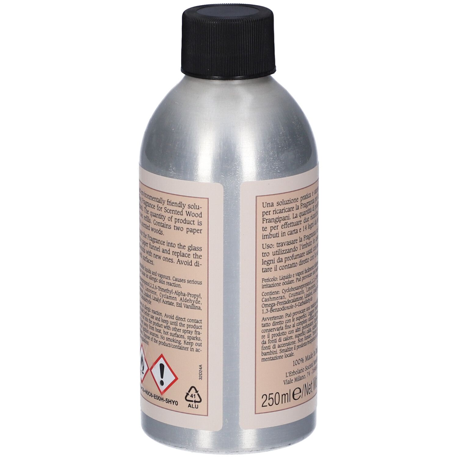 Retro flacone. Testo italiano. Avvertenze e simboli di pericolo. 250ml/Netto 8.4 fl.oz.