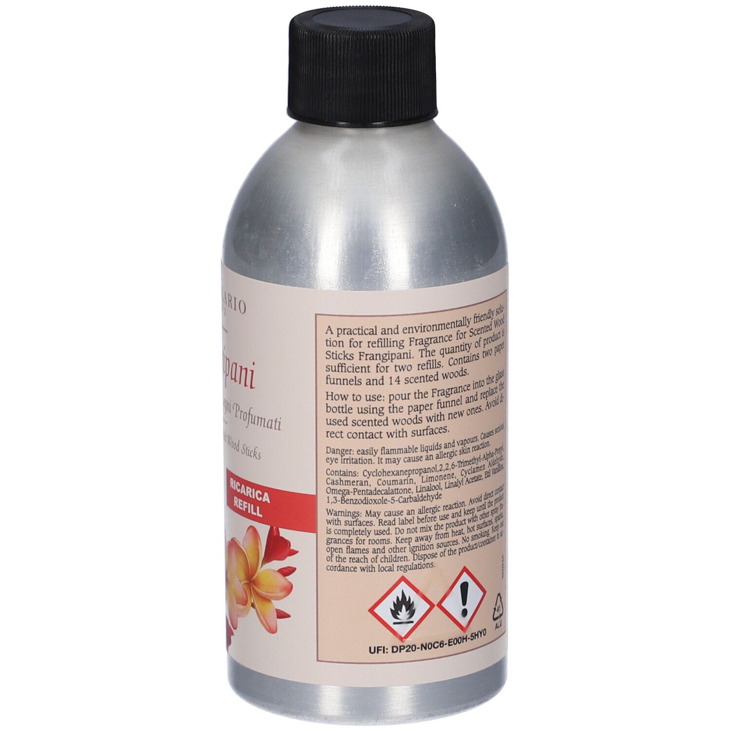 Flacone con etichetta. Testo: Frangipani, Ricarica Refill. Avvertenze e simboli di pericolo. Marchio L'Erbolario.