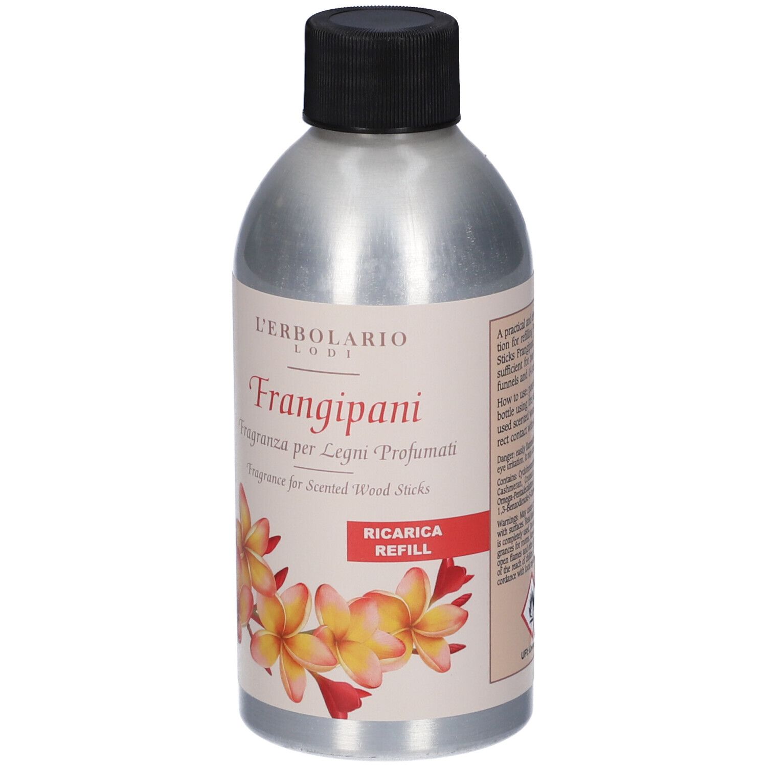 Flacone argento, tappo nero. Etichetta: Frangipani, Ricarica Refill. Marchio L'Erbolario.