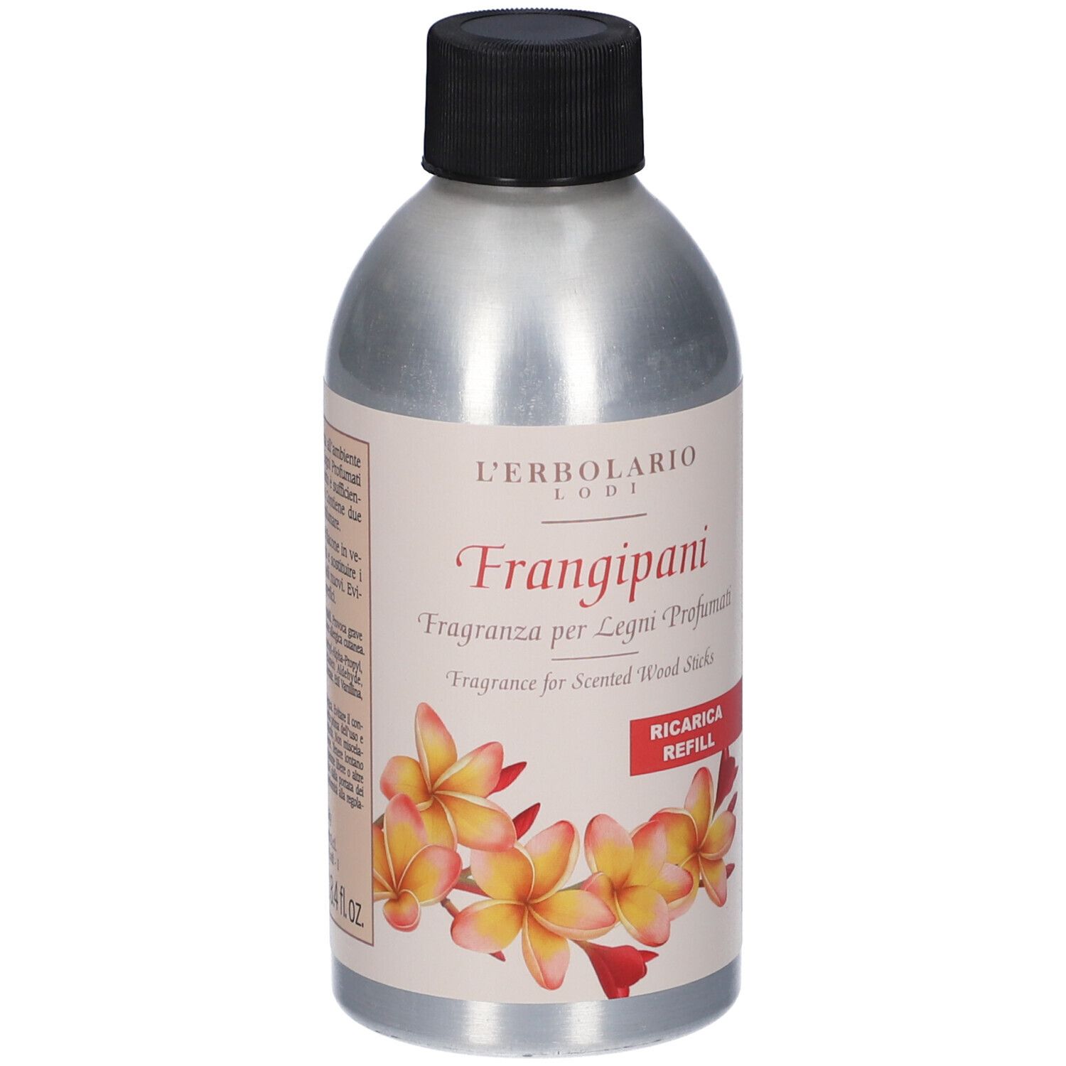 Flacone argento, tappo nero. Etichetta: Frangipani, Ricarica Refill. Marchio L'Erbolario.