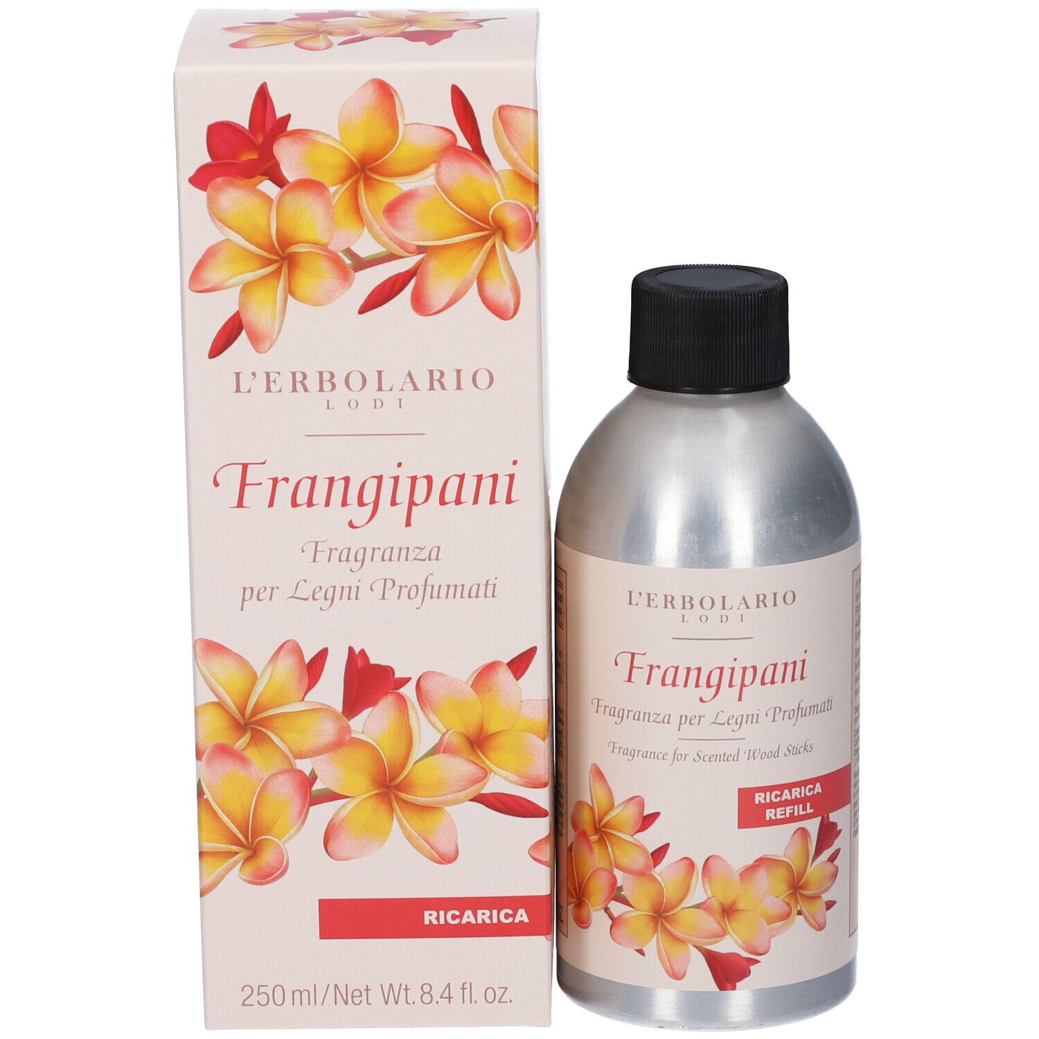 Flacone e scatola. Flacone: Frangipani, Ricarica Refill. Scatola: Frangipani. Marchio L'Erbolario.