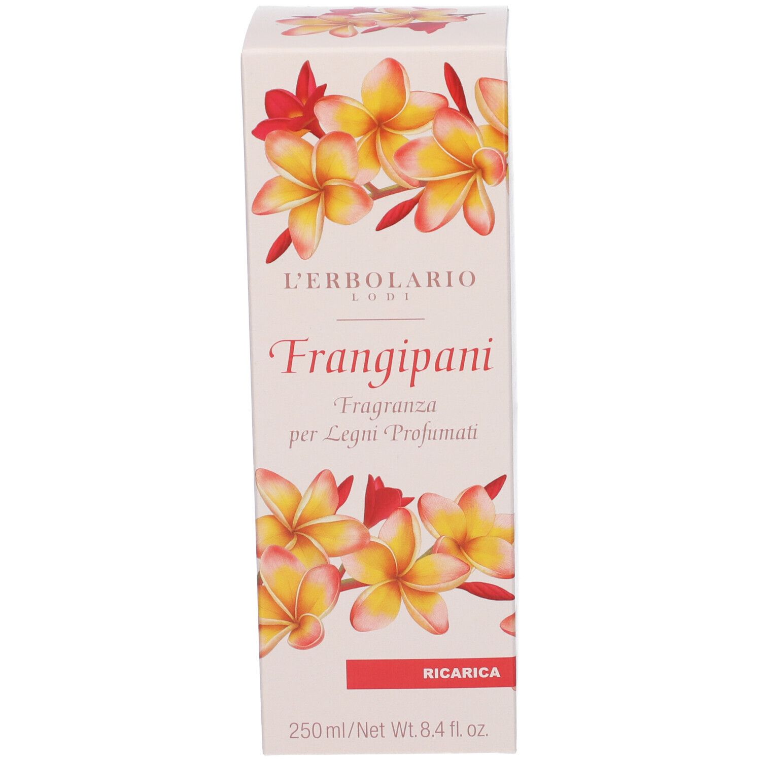 Scatola. Testo: Frangipani, Ricarica. Marchio L'Erbolario. Motivo floreale. 250ml/Netto 8.4 fl.oz.