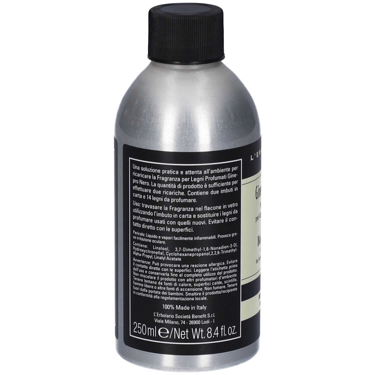 Retro del flacone. Testo sull'etichetta, inclusi ingredienti e informazioni produttore.