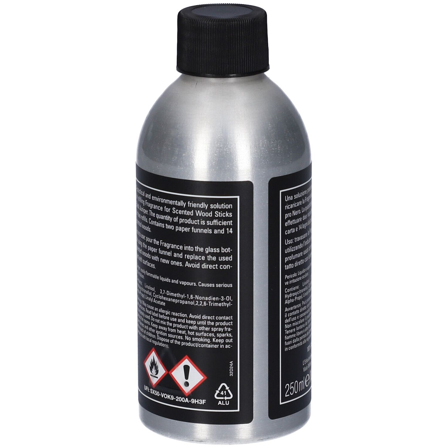 Retro del flacone. Testo sull'etichetta, inclusi avvertenze di pericolo e simboli.