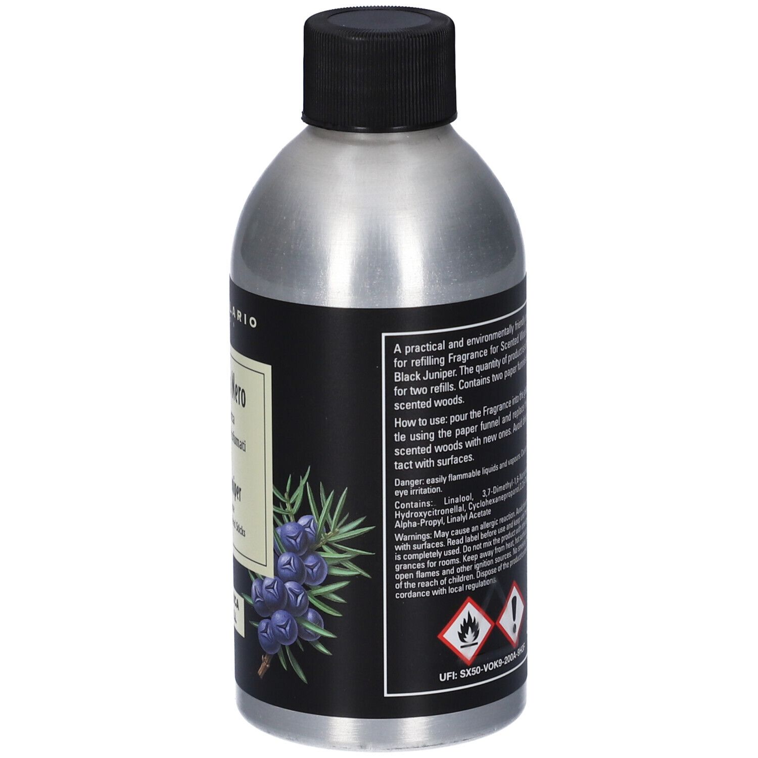 Retro del flacone. Testo sull'etichetta, incluse istruzioni per l'uso e avvertenze.