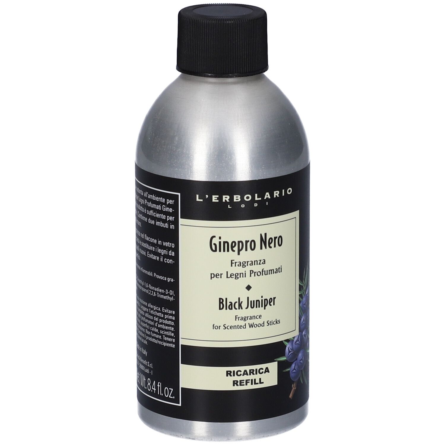 Flacone argento con tappo nero. Etichetta con nome prodotto, illustrazione bacche di ginepro e testo.