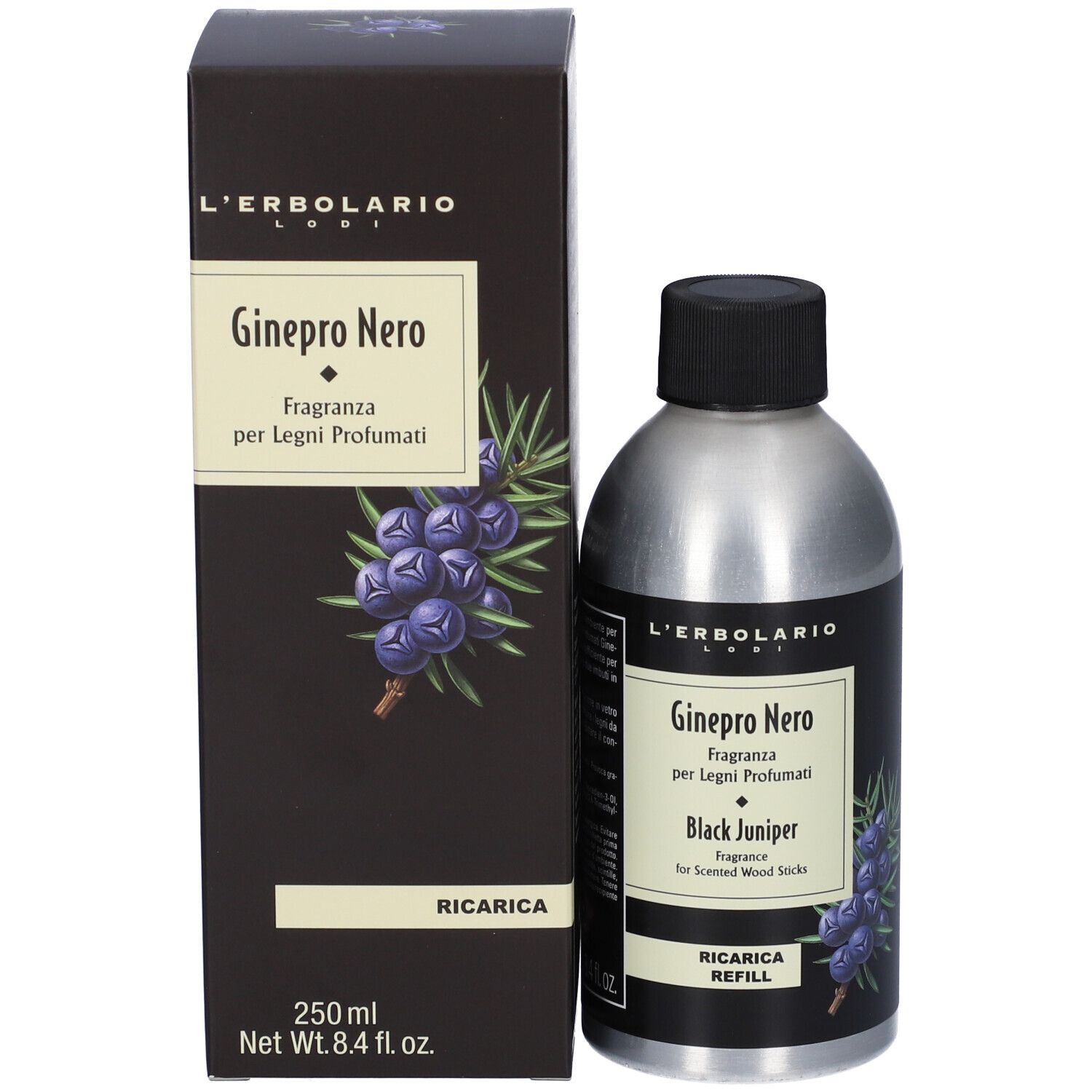 Flacone e confezione del prodotto. Scatola nera con nome prodotto, illustrazione e testo.