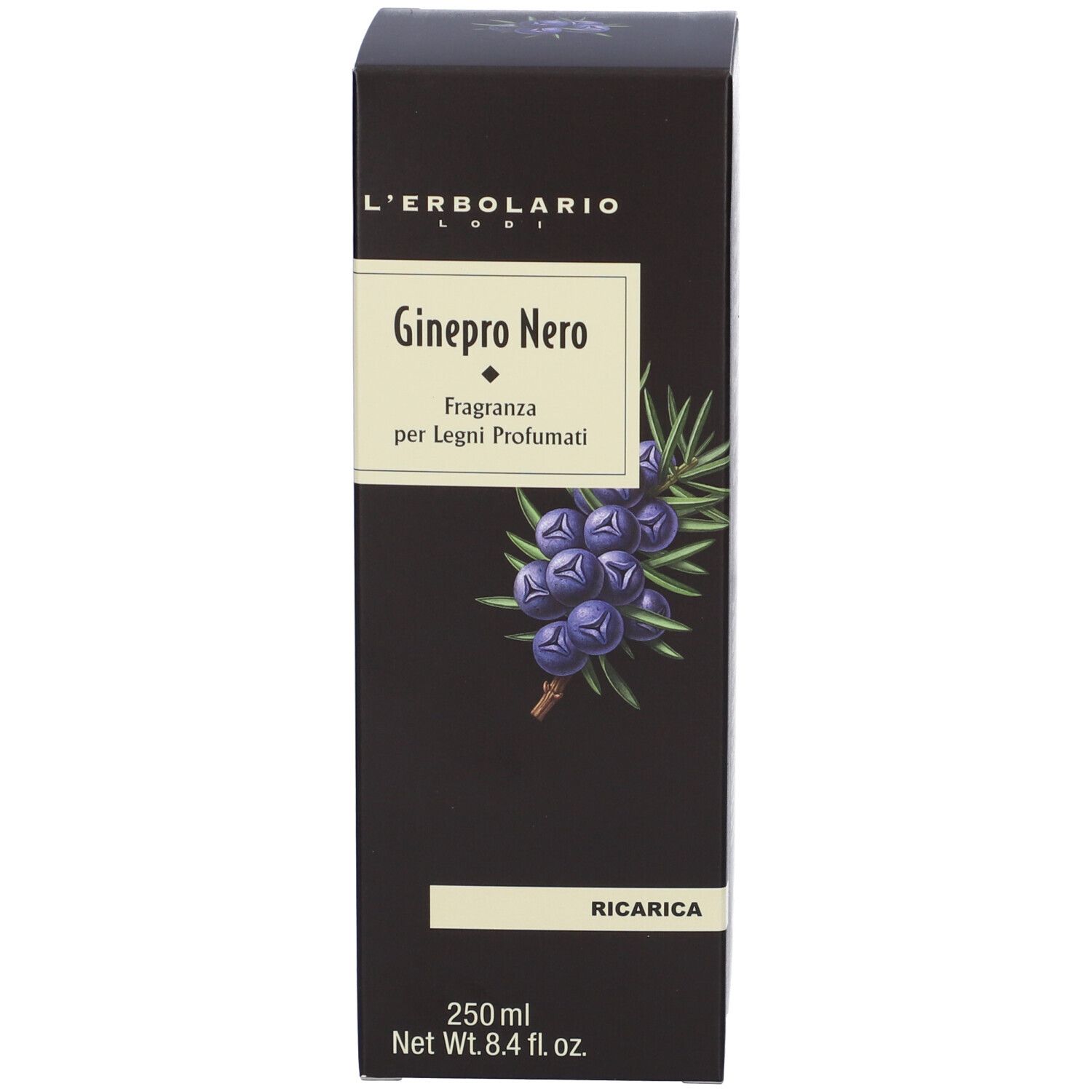 Confezione nera del prodotto. Nome del prodotto, illustrazione bacche di ginepro e testo.