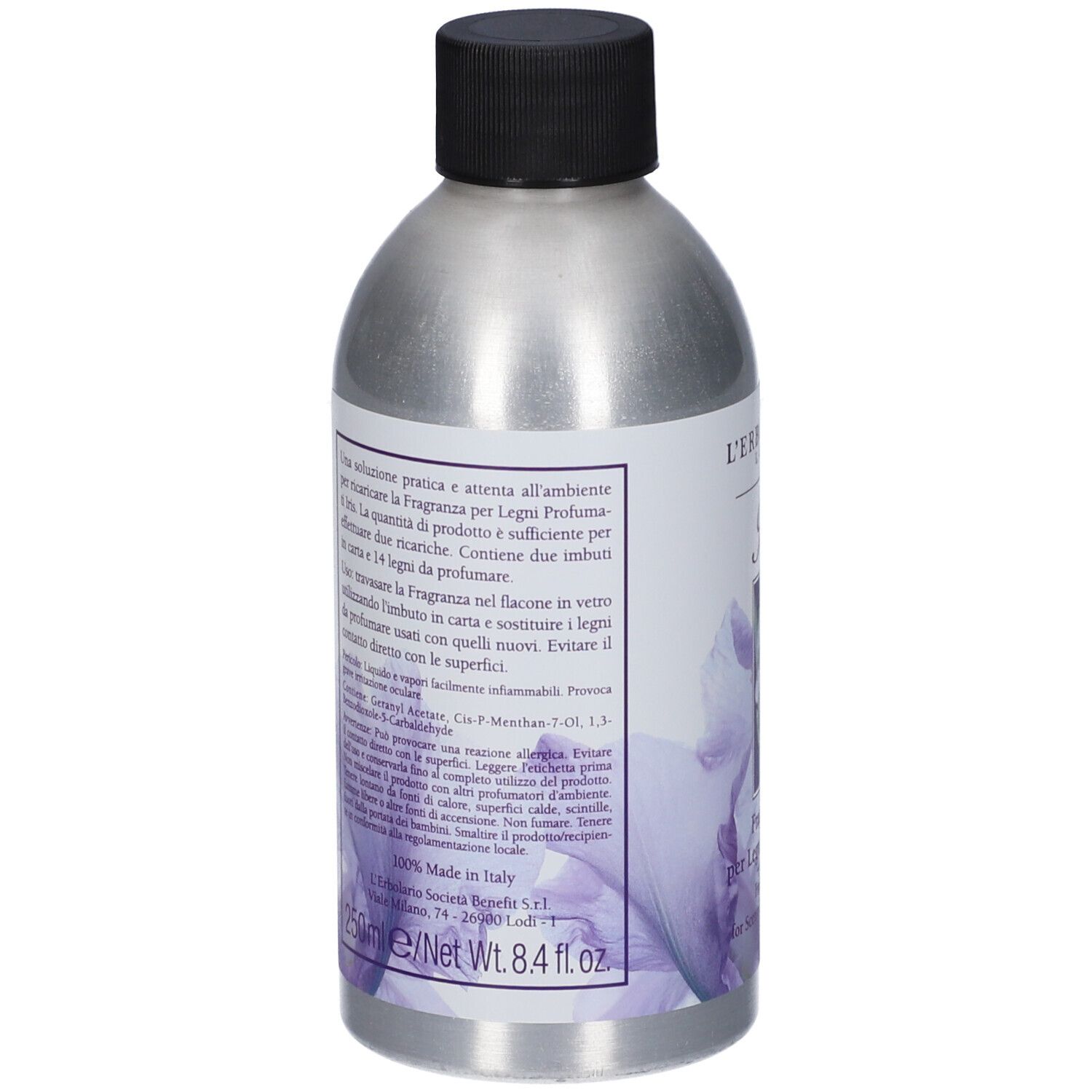 Retro del flacone argento, tappo nero. Testo sull'etichetta, inclusi ingredienti e avvertenze.