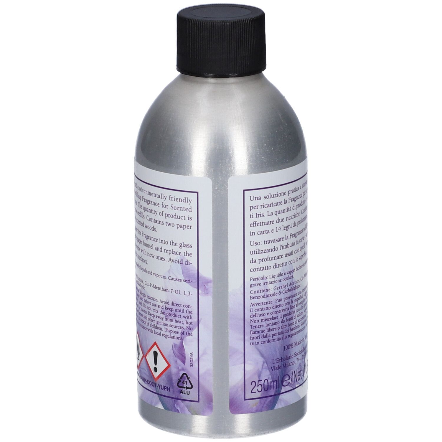 Retro del flacone argento, tappo nero. Testo sull'etichetta, inclusi avvertenze e simboli di pericolo.